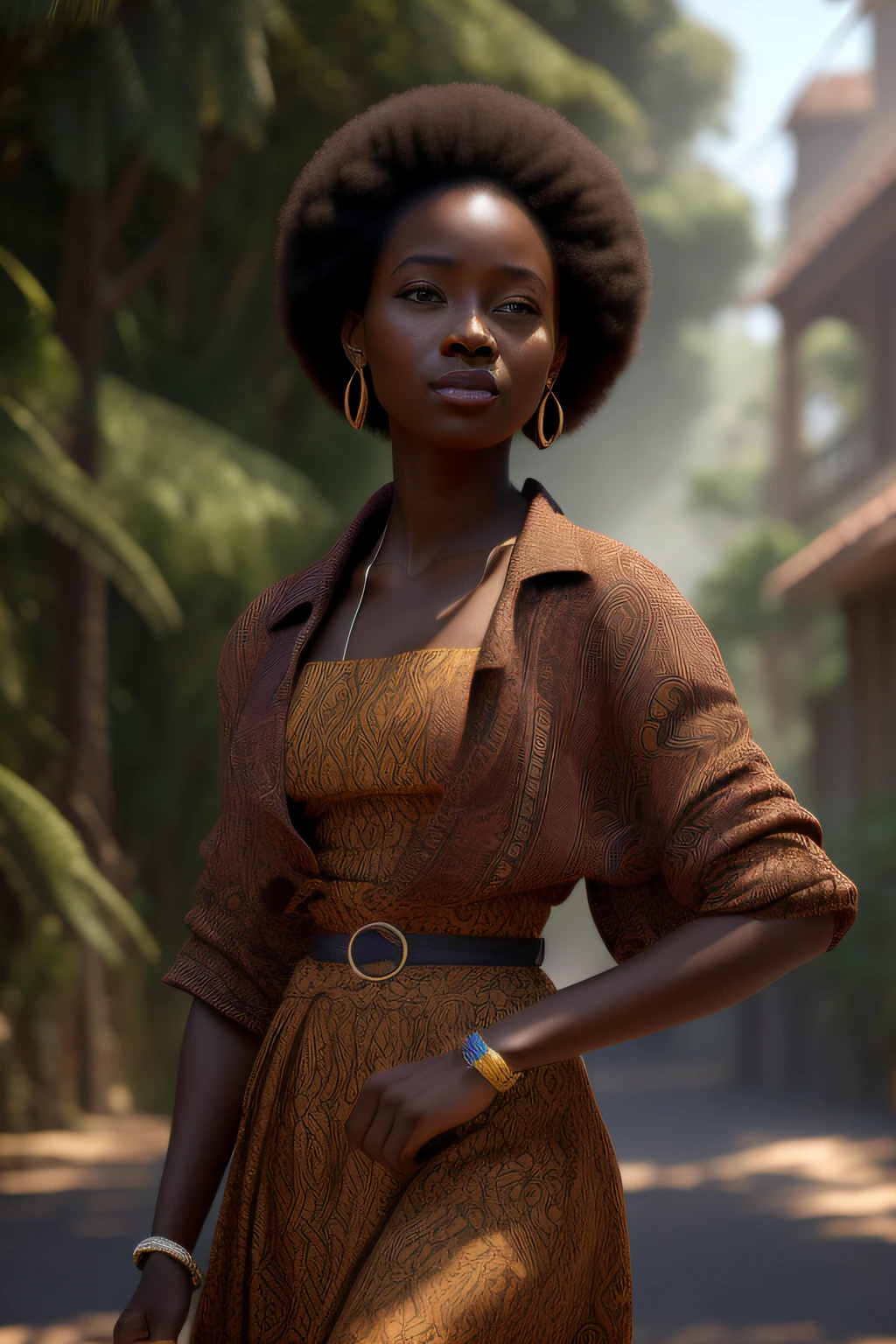 retrato realista uma mulher africana africana pele marrom escura queimada do sol, cabelos longos:2
cacheados, Princess Clothes Rococo Style Pixar Long Dress, rosto de modelo, ((corpo inteiro)) imagem intrigante, imagem limpa, ao fundo um jardim, cores vividas, Cinematic shadows, com flores no cabelo, andando numa rua:2