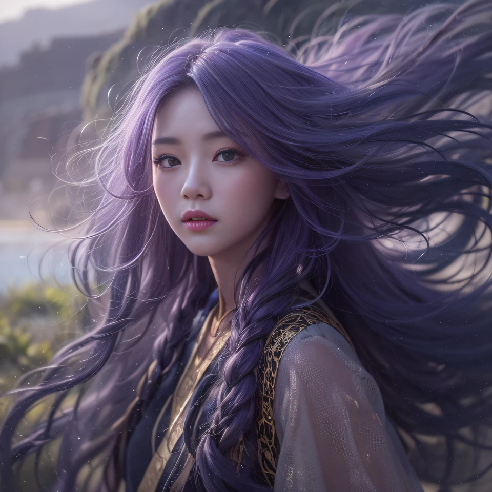 Corn flour glass 32K(tmasterpiece,k hd,hyper HD,32K)Long flowing bright purple hair,Autumn Pond,zydink, a color, Asian people (Kizi), (Red scarf), Combat posture, looking at the ground, long whitr hair, Floating bright purple, Fire cloud pattern gold tiara, Chinese long-sleeved gold silk garment, (abstract ink splash:1.2), white backgrounid,Lotus protector(realisticlying:1.4),Bright purple hair,Smoke on the road,The background is pure, A high resolution, the detail, RAW photogr, Sharp Re, Nikon D850 Film Stock Photo by Jefferies Lee 4 Kodak Portra 400 Camera F1.6 shots, Rich colors, ultra-realistic vivid textures, Dramatic lighting, Unreal Engine Art Station Trend, cinestir 800,Long flowing bright purple hair