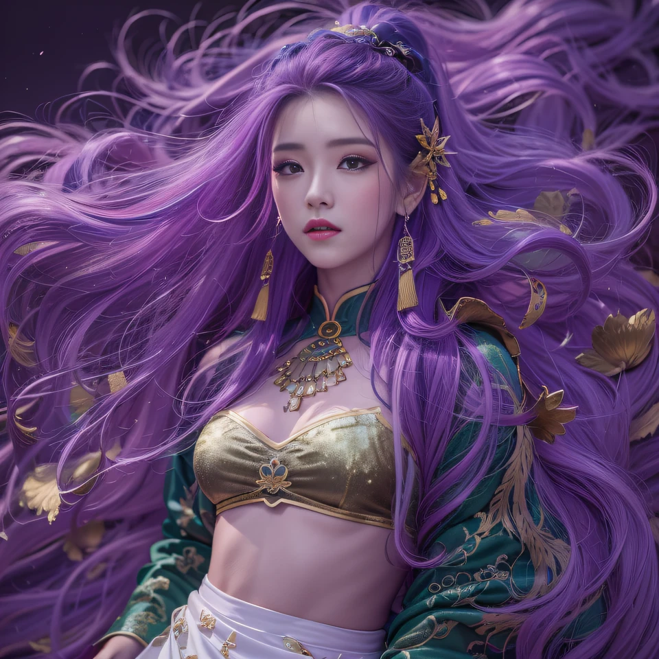 Corn flour glass 32K(tmasterpiece,k hd,hyper HD,32K)Long flowing bright purple hair,Autumn Pond,zydink, a color, Asian people (Kizi), (Red scarf), Combat posture, looking at the ground, long whitr hair, Floating bright purple, Fire cloud pattern gold tiara, Chinese long-sleeved gold silk garment, (abstract ink splash:1.2), white backgrounid,Lotus protector(realisticlying:1.4),Bright purple hair,Smoke on the road,The background is pure, A high resolution, the detail, RAW photogr, Sharp Re, Nikon D850 Film Stock Photo by Jefferies Lee 4 Kodak Portra 400 Camera F1.6 shots, Rich colors, ultra-realistic vivid textures, Dramatic lighting, Unreal Engine Art Station Trend, cinestir 800,Long flowing bright purple hair