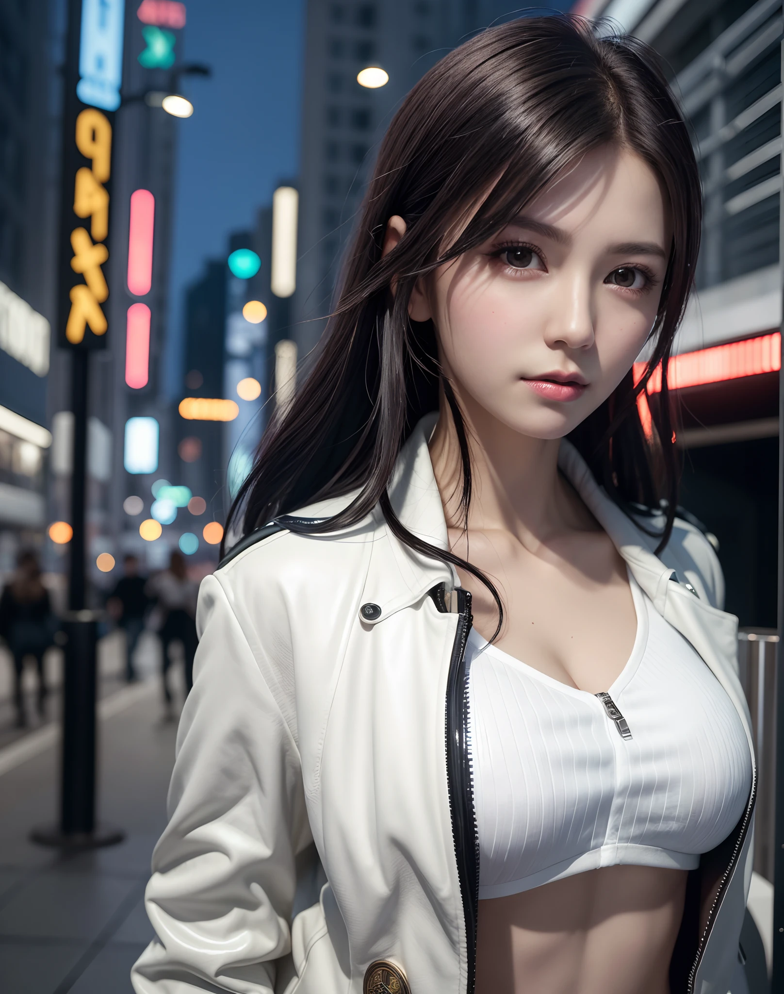 Portrait of Embhuhaiz, Beautiful face, in cyberpunk city at night. She wears a white leather open jacket,lingerie, Dramatic Lighting, (police badge:1.2).Sexy female policeman