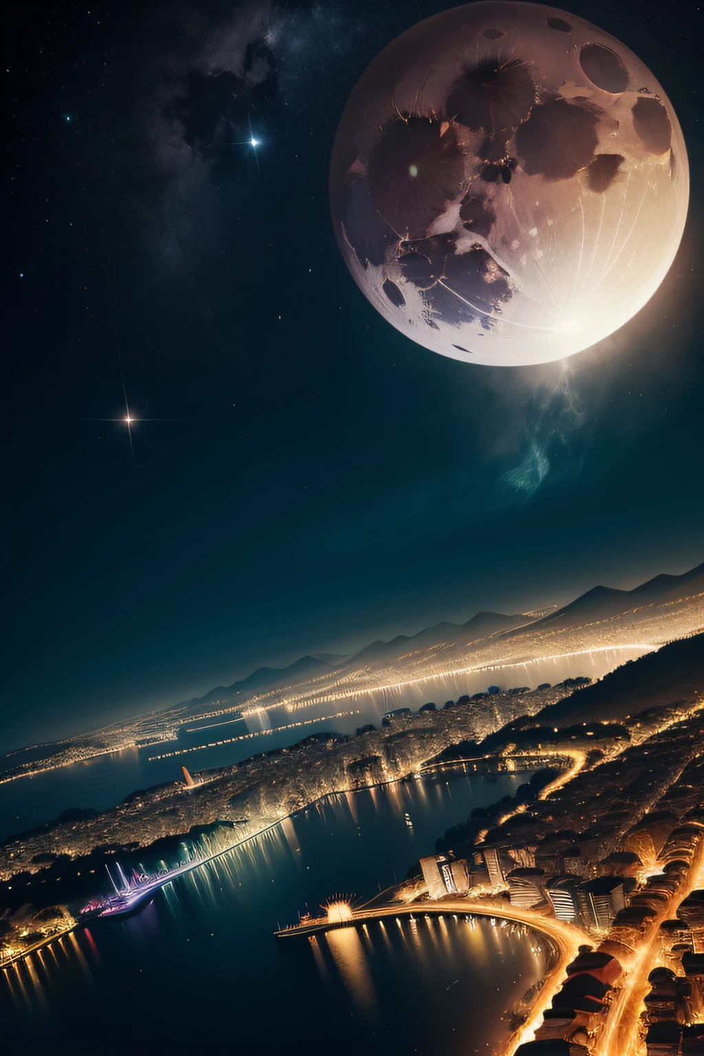cidade a noite, com lua grande no ceu