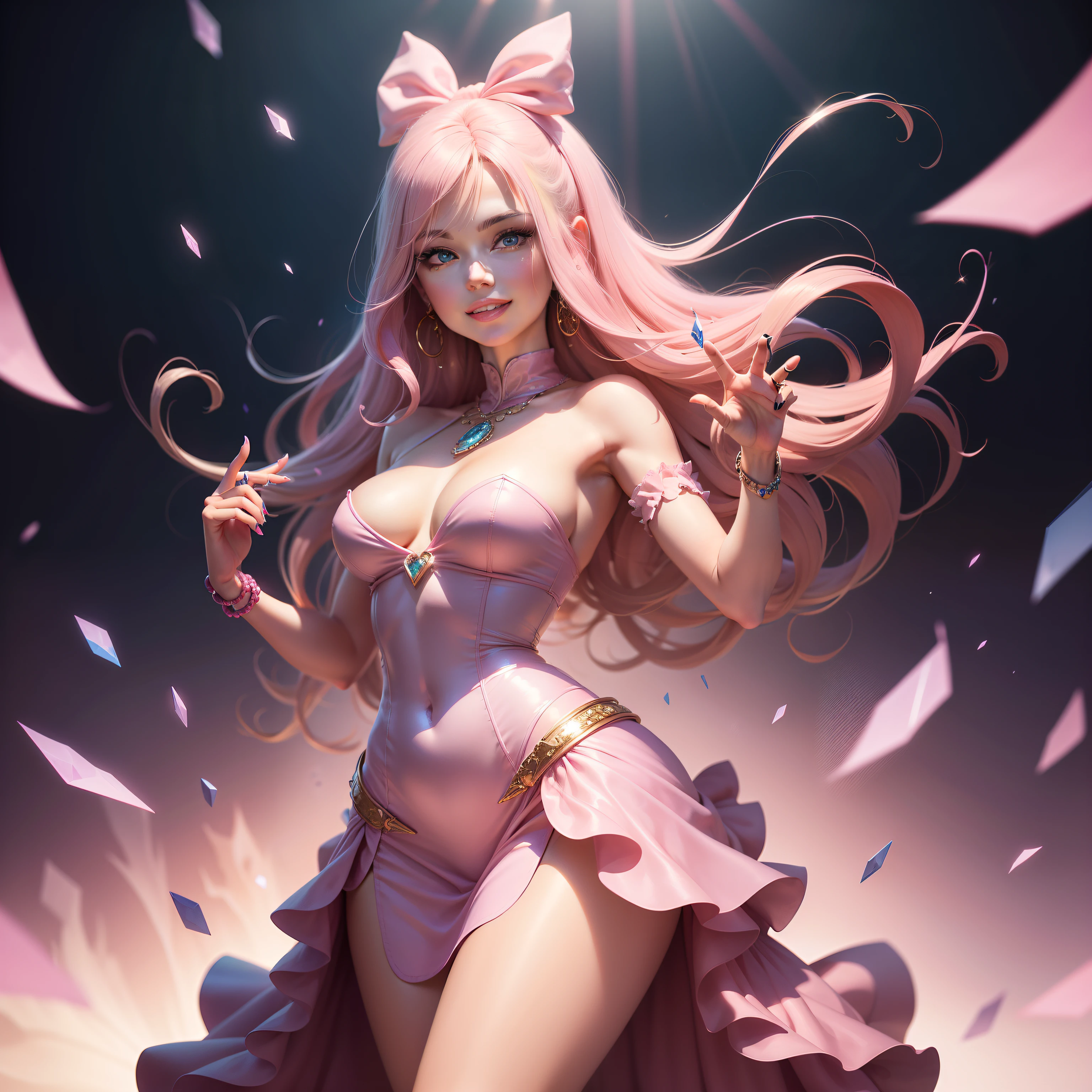 Barbie, ((Full body)), Blue eyes, Smiling face, Hair loss swaying in the wind, Hip Hop Singer Pose, Dressed in hip-hop style, Wearing a long pink dress that reflects light,swarovski,pasties,With a pink bow on the arm, Fashion, Extremely high quality, high details, 8K, clean back ground, in studio, ((Full body shot)),Fingers are realistic,Accurate Hand Modeling,