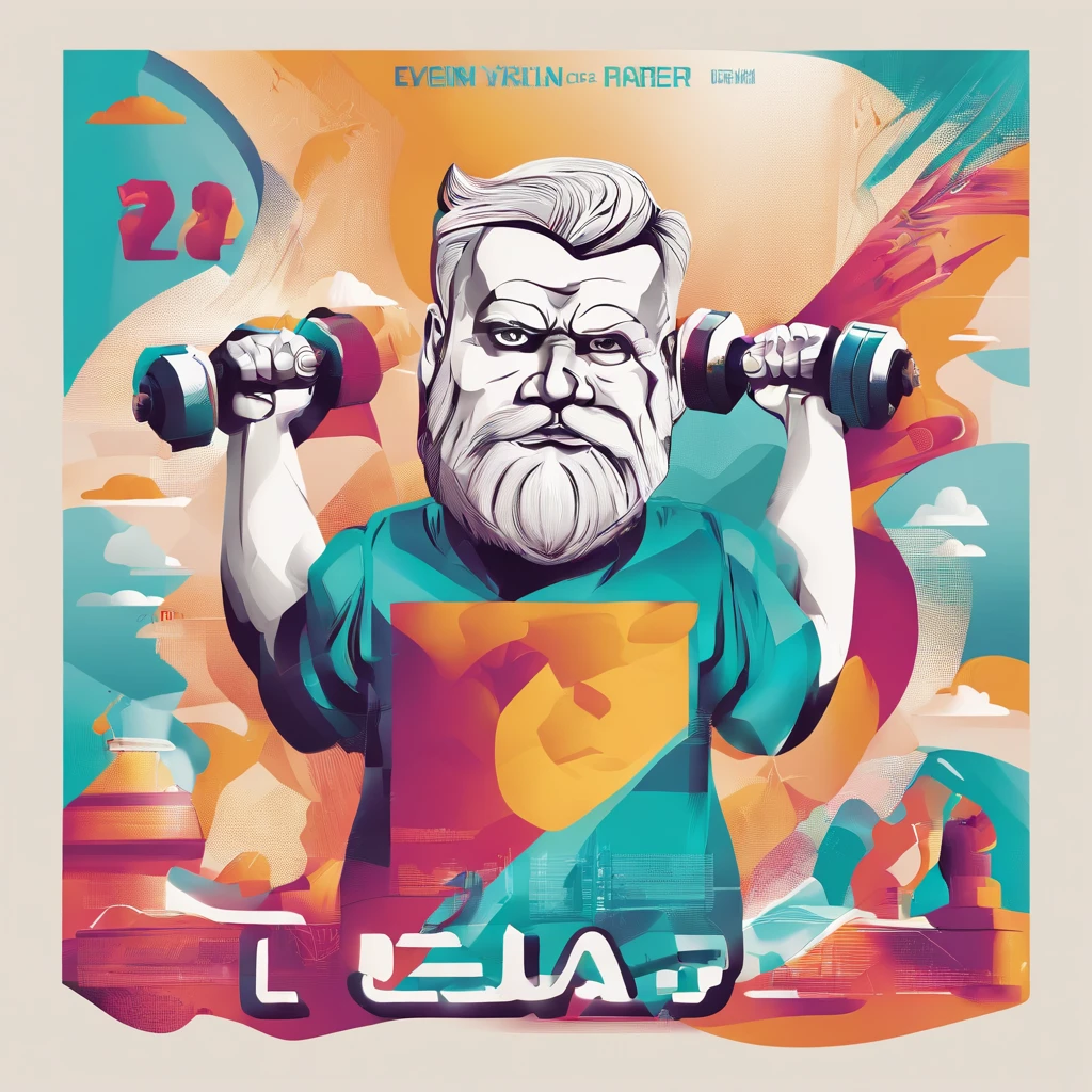 A man is exercising with dumbbells，flatillustration，UI illustration，GUI，Maximalism，white backgrounid，bright color scheme