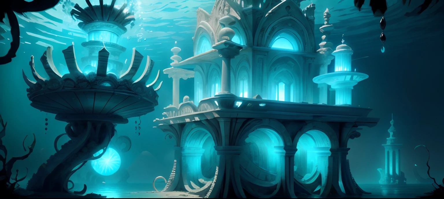 Underwater oriental ruins with walls made of water and a magical orb in the center.