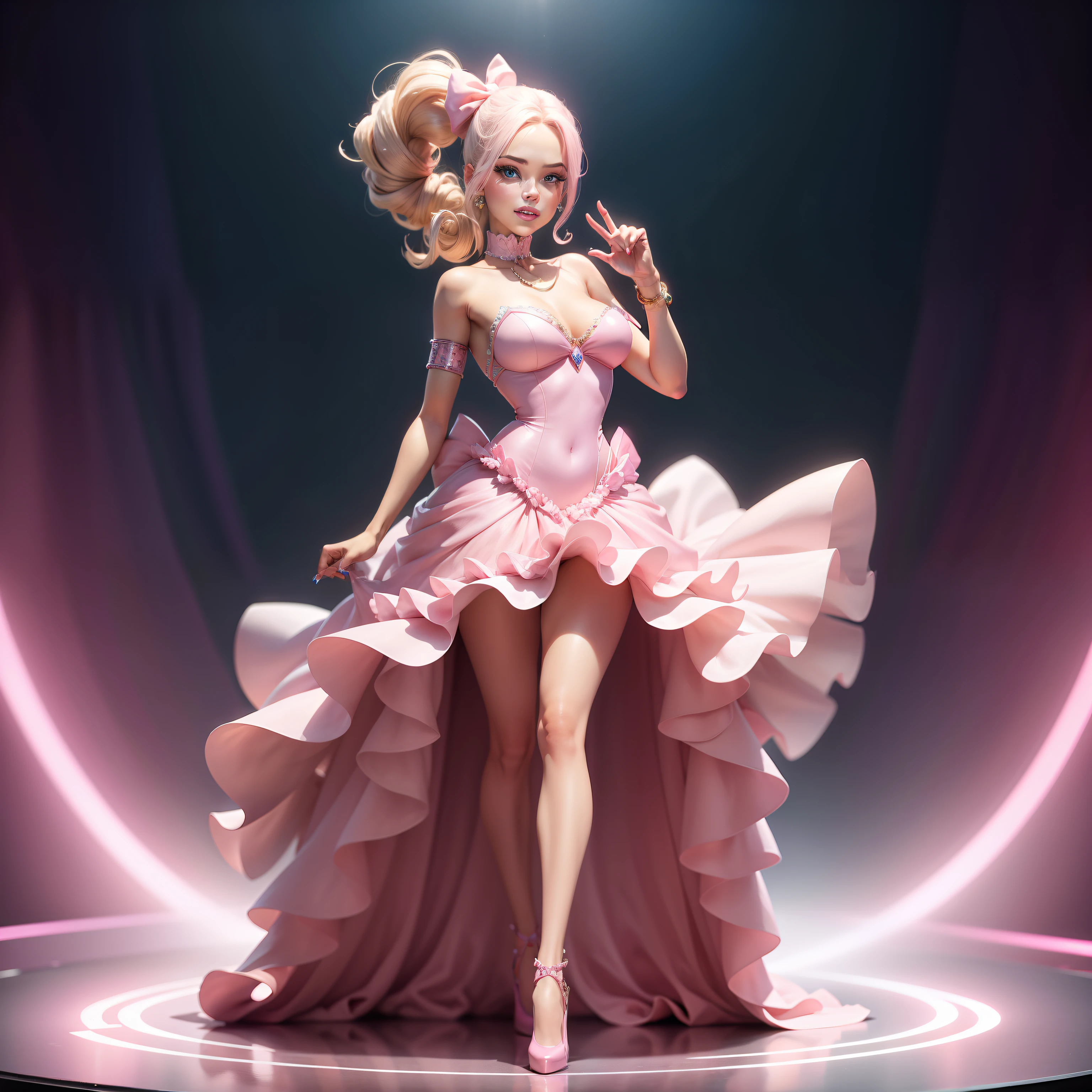 Barbie, ((Full body)), Blue eyes, Smiling face, Hair loss swaying in the wind, Hip Hop Singer Pose, Dressed in hip-hop style, Wearing a long pink dress that reflects light,swarovski,pasties,With a pink bow on the arm, Fashion, Extremely high quality, high details, 8K, clean back ground, in studio, ((Full body shot)),Fingers are realistic,Accurate Hand Modeling,