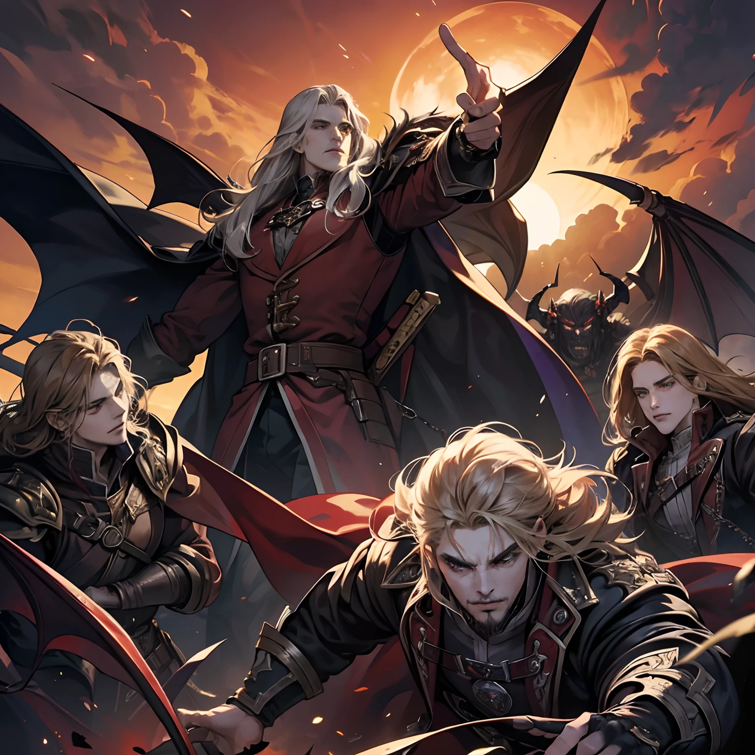 Castlevania Shadow Lord handsome muscular Lord Dracula leading troops armed with demons to war hyper realistic super detailed Dynamic pose super detailed faces hyper realistic super detailed