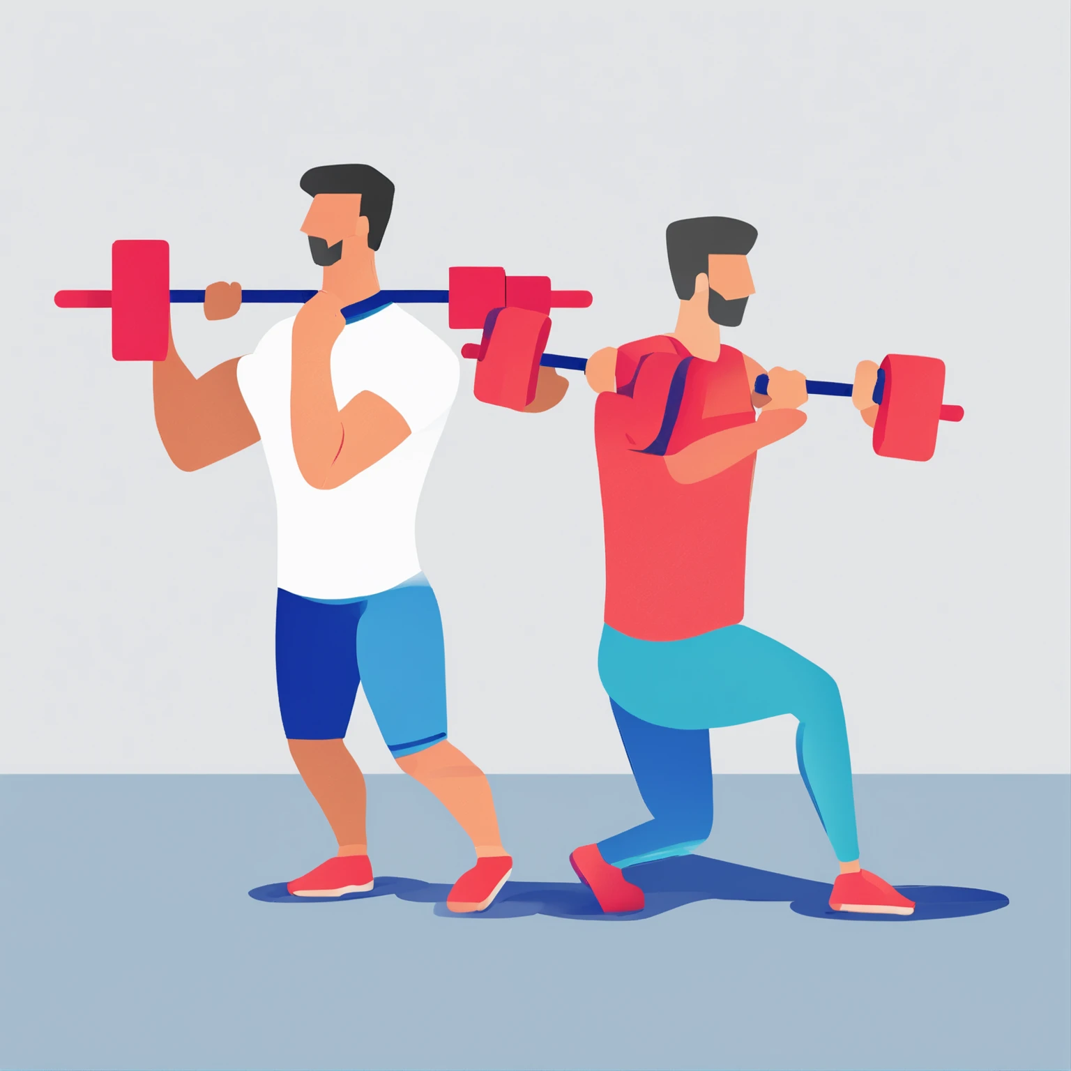 A man works out in a gym，A pair of dumbbells lie on the ground, Flat illustration, Ui Illustration, GUI, Minimalist, White background, Bright color scheme