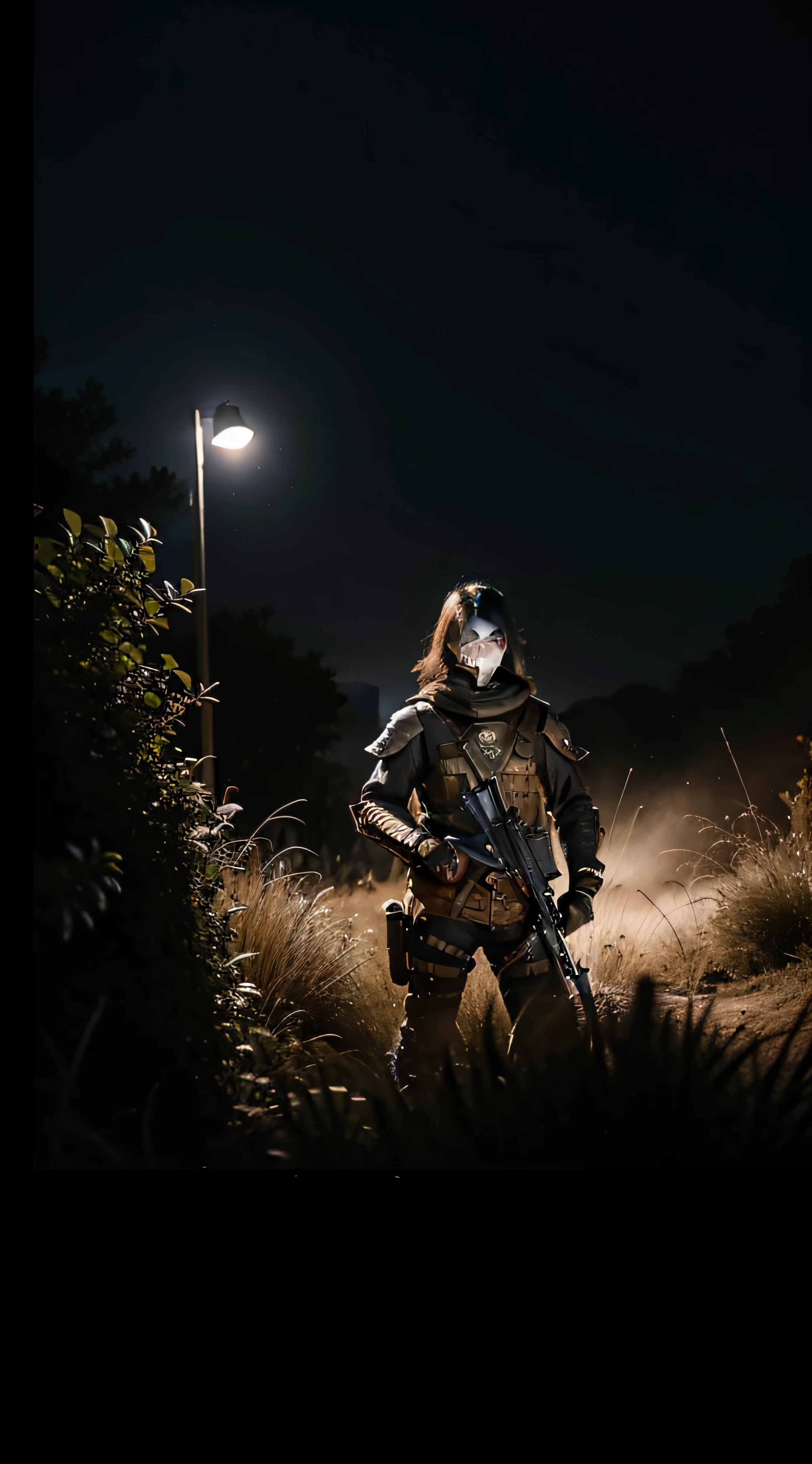 (extremadamente detallado, obra maestra, La mejor calidad, foto antigua, principios de siglo) soldado estilo ciberpunk, armadura robotica, mask, cables, tornillos, luces rojas, paisaje de ruinas. plano cercano. manchas. Caravaggio-style lighting. tenebrismo-