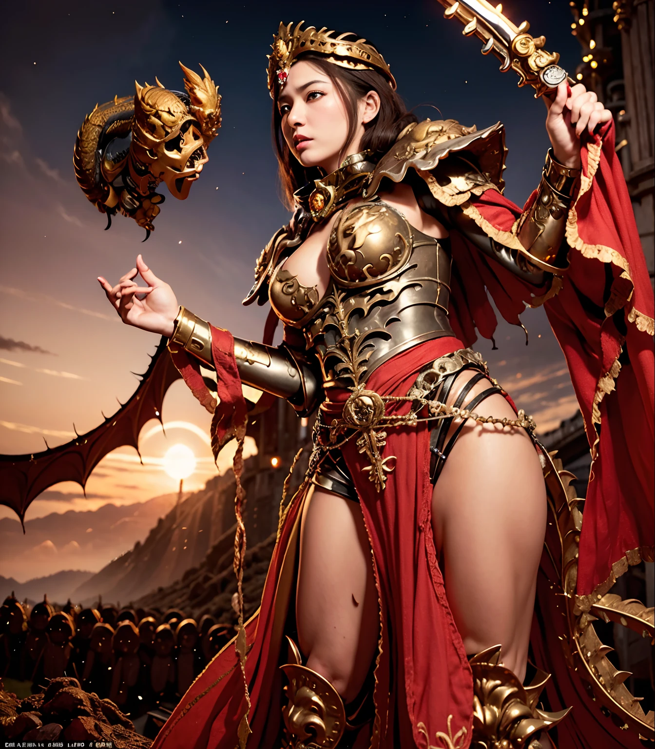 Professional , ​masterpiece、top-quality、photos realistic , depth of fields 、（Fight the Dragon Knight with the Dragon Mask）,（Dragon Black Metal Body:1.4),(Matte Black、、Light Effects、（cleavage of the breast）、（Fight dragons）、（Seductive look）、Dragon Gold Weapon、Mystical expression、（bikini-armor),Gorgeous gold weapons ,（（ Dragon's dense and gorgeous sword）） , Beautiful knife   ,warhammer 40k , adepta sororitas,Detail and gorgeous crown、（（Golden hair））、（Castle background）、The dragon、（（Gangle's forest background））、Beautiful Caucasian beauty、（１a person）、dynamic ungle,(((Detailed and ornate dragon helmet)))、Smaller head、Castle background、Thin and beautiful female hands、cleavage of the breast、Soldier in iron armor on background、Mystical expression、Light Effects、intense fighting、Wind-effect、magic circles、With the legendary magic wand、（demonic wings）、Toostock、