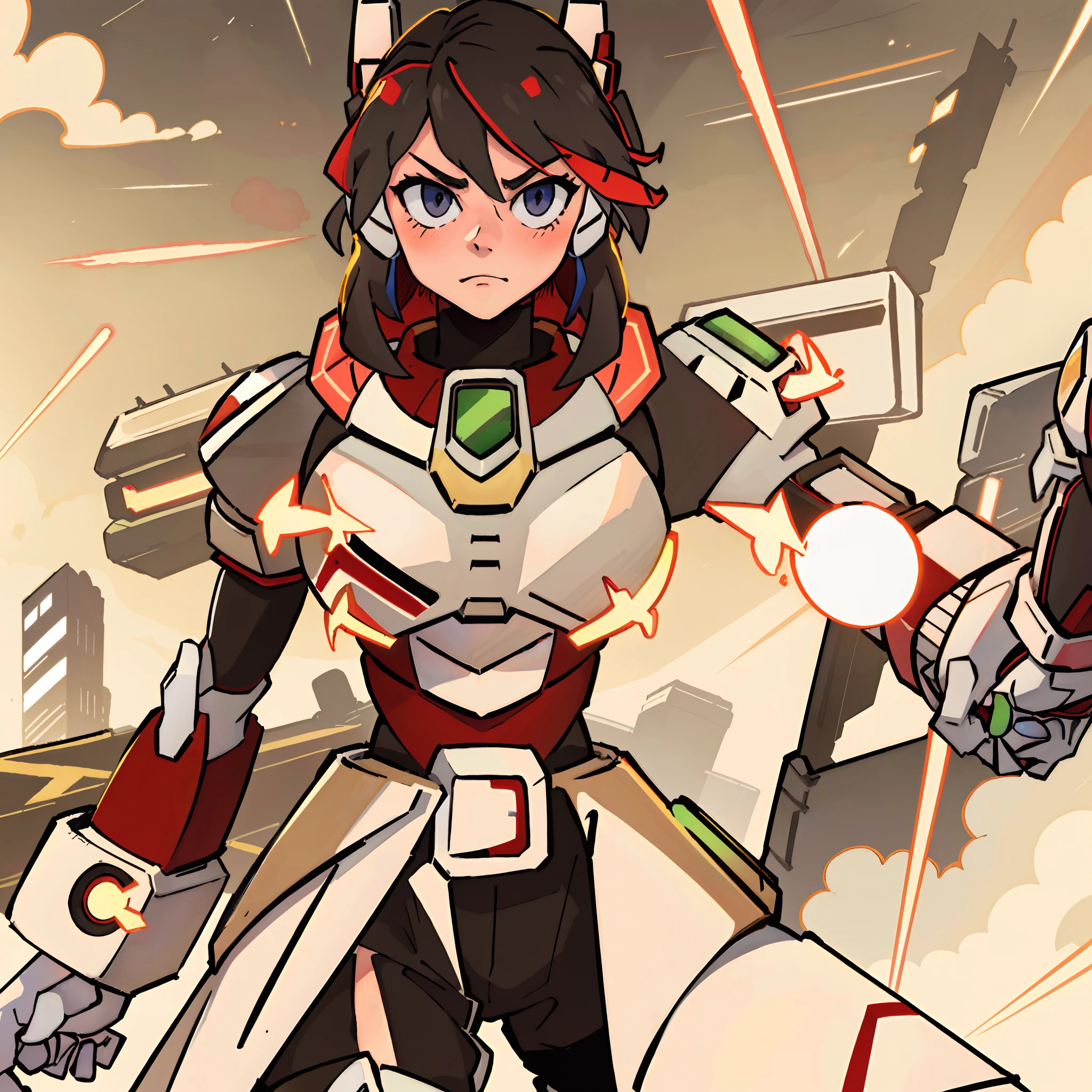 "Ryuko Matoi looking at viewer while wearing a Gundam-inspired heavily armored suit adorned with sleek and futuristic armor design, confused+flustered, heavy blushing, closed smirk, large cityscape, steel-gray buildings”