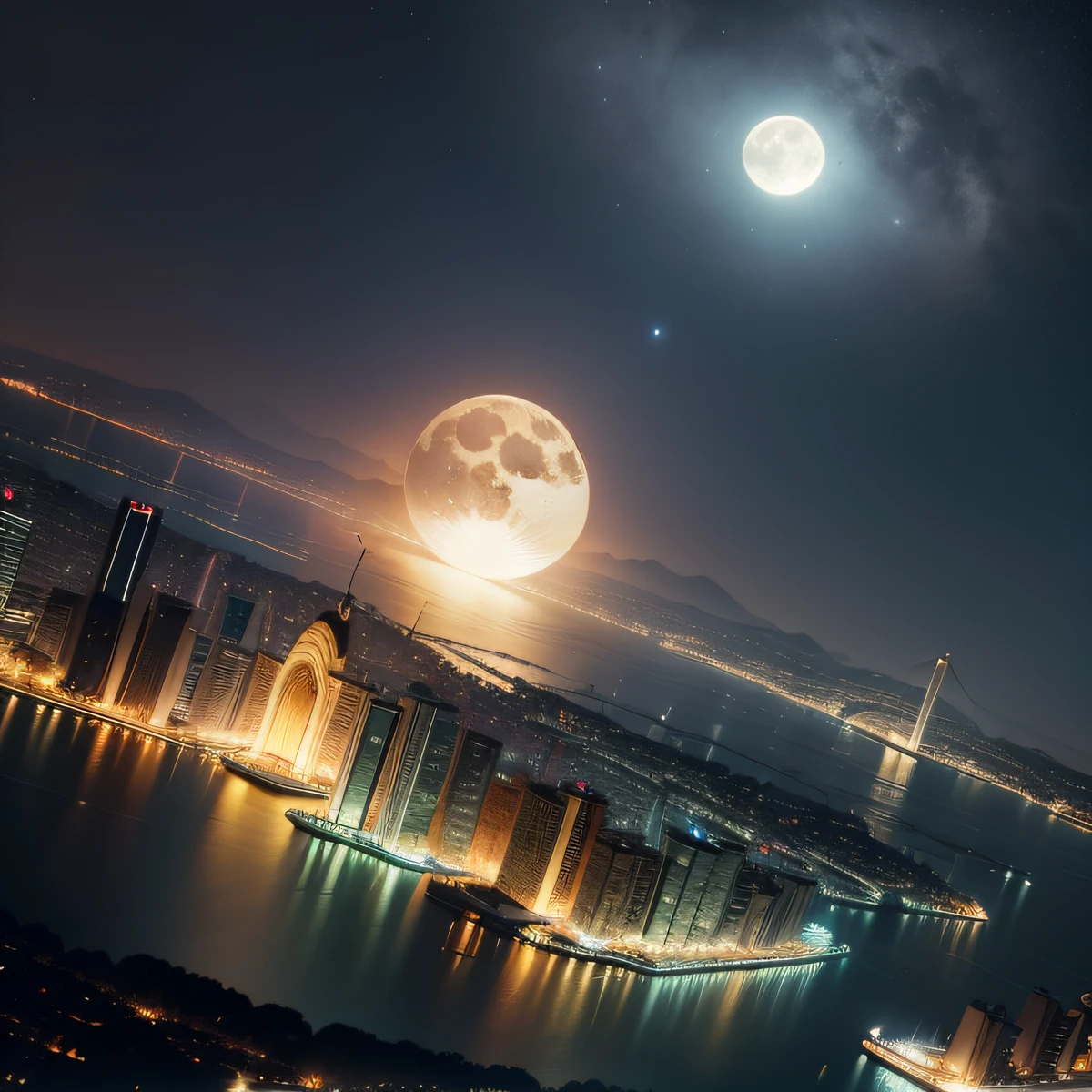cidade a noite com lua grande