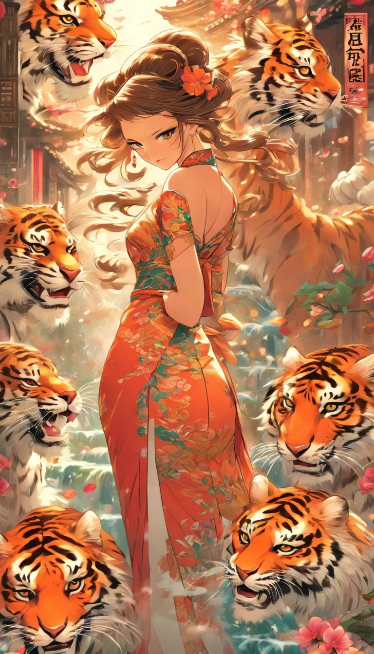 comic strip，on cheongsam,Lady,Tiger Girl