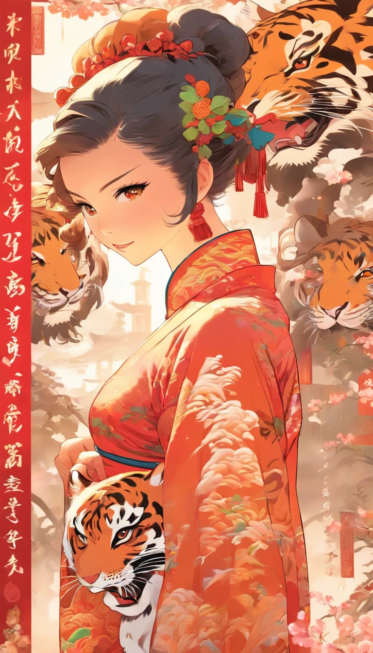 comic strip，on cheongsam,Lady,Tiger Girl