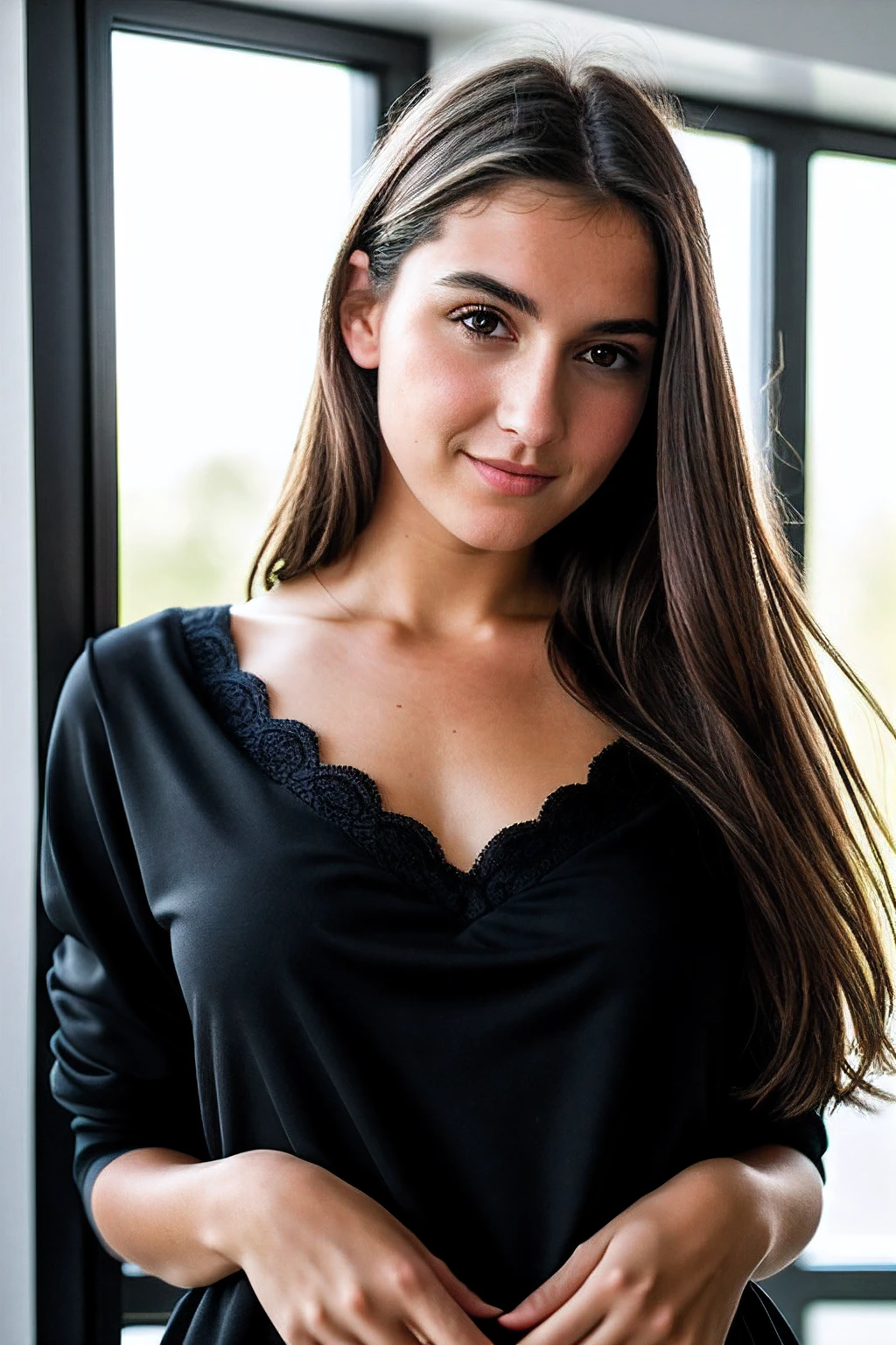 Instagram-Foto, Nahaufnahme Gesicht 1.4f, bookeh effect, Foto von 23 Y.o Chloe, blasse Haut, (smil:0.4), Harte Schatten, (10, RAW-Foto, Top quality),realistisch, Frontal, Kompliziert detailliert, Gag, wegblicken, Frauenfokus, only black dresses, Morgenhimmel, Sanfte Beleuchtung, Filmische Beleuchtung, portrait, Mit Liebe, beauty, beautiful, supreme clothing, blurry foreground, blur effect, Mikro-Details, weiches Licht, fotorealistisch, proportional, Hyper Details, Jung, Gemeinsames Gesicht, Ein lebendiges Gesicht, Detaillierte, seductive eyes, in einem schwarzen Sweatshirt, ((detailed facial features)), (fein detaillierte Haut), blasse Haut, Realistische Hautstruktur, Extreme Hautdetails, (poren:0.1), Masterpiece best quality, fotorealistisch, Eine hyperrealistische, Detailliert, 8K, HDR, (Sanfte Farbe: 1.2), light depth of field, Breites Licht, Hoher Kontrast, Hintergrundbeleuchtung, Leichtes Funkeln, chromatische Aberration, Scharfer Fokus, RAW-Farbfoto, ((NSFW)), only black dresses, Morgenhimmel, Sanfte Beleuchtung, Filmische Beleuchtung, portrait, Mit Liebe, beauty, beautiful, supreme clothing, blurry foreground, blur effect,