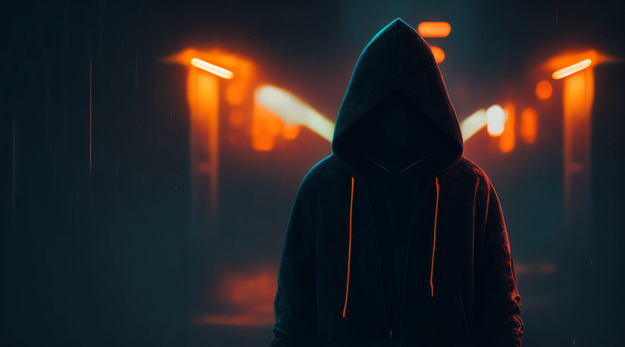 "A lone figure in a black hoodie, imerso em um ambiente cyberpunk 8K. The scene is hyper-detailed and realistic, with impressive Chiaroscuro lighting. Bioluminescent elements give an ethereal touch, Creating a symphony of light and darkness."