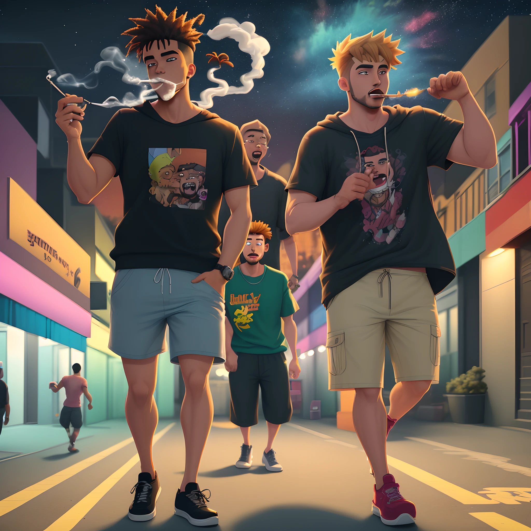 Two men walking down the Hood smoking weed themselves at night with the rest of the gang partying dancing and vibing surrounding eye catching animated cartoon focus and well detailed