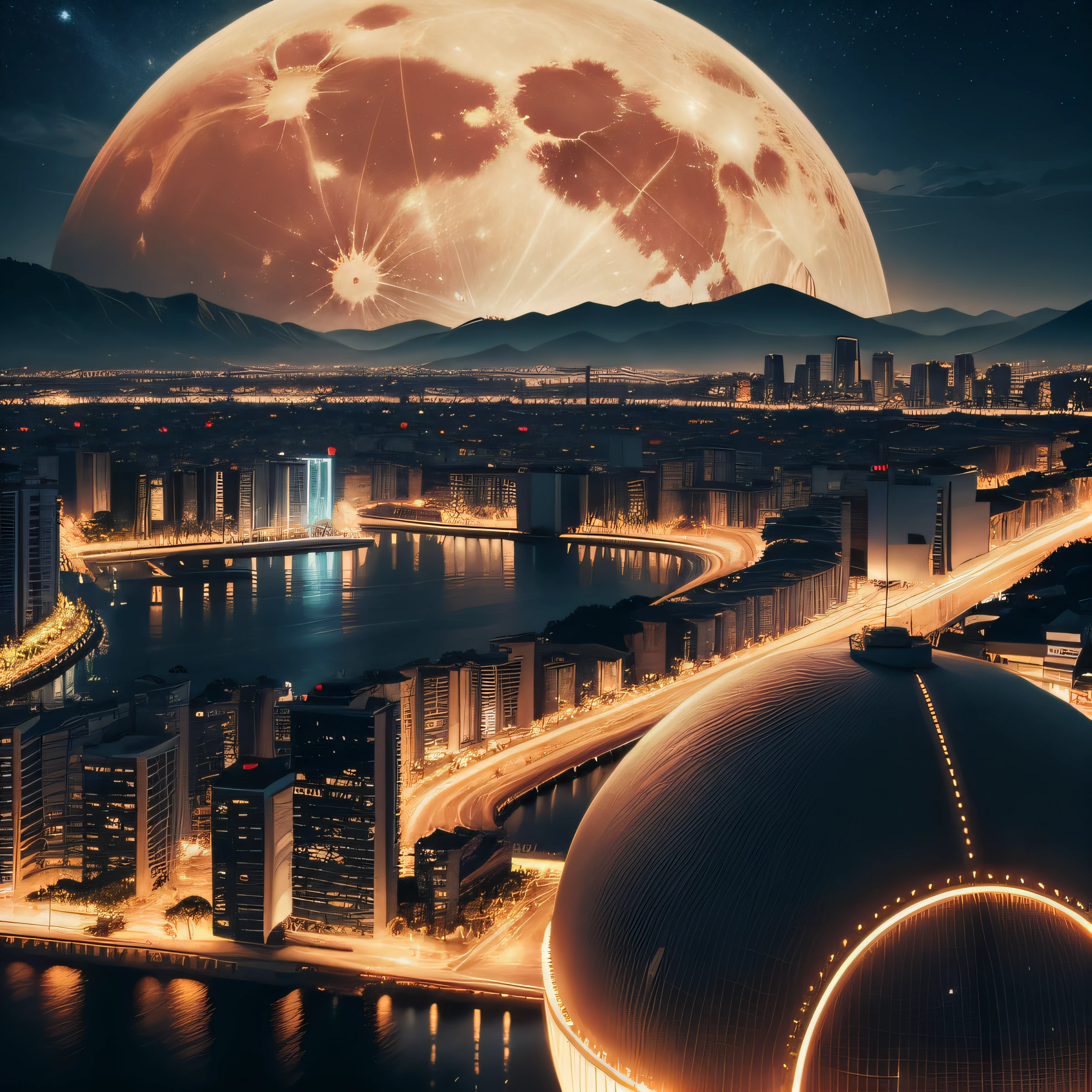cidade a noite com lua grande