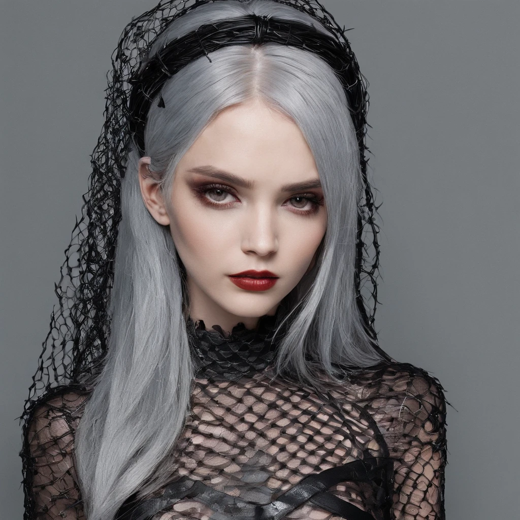 Girl in symbolic clothes of Gothic net, 。.。.com (Barbed wire for the body) brunette color hair，Gray hair ends