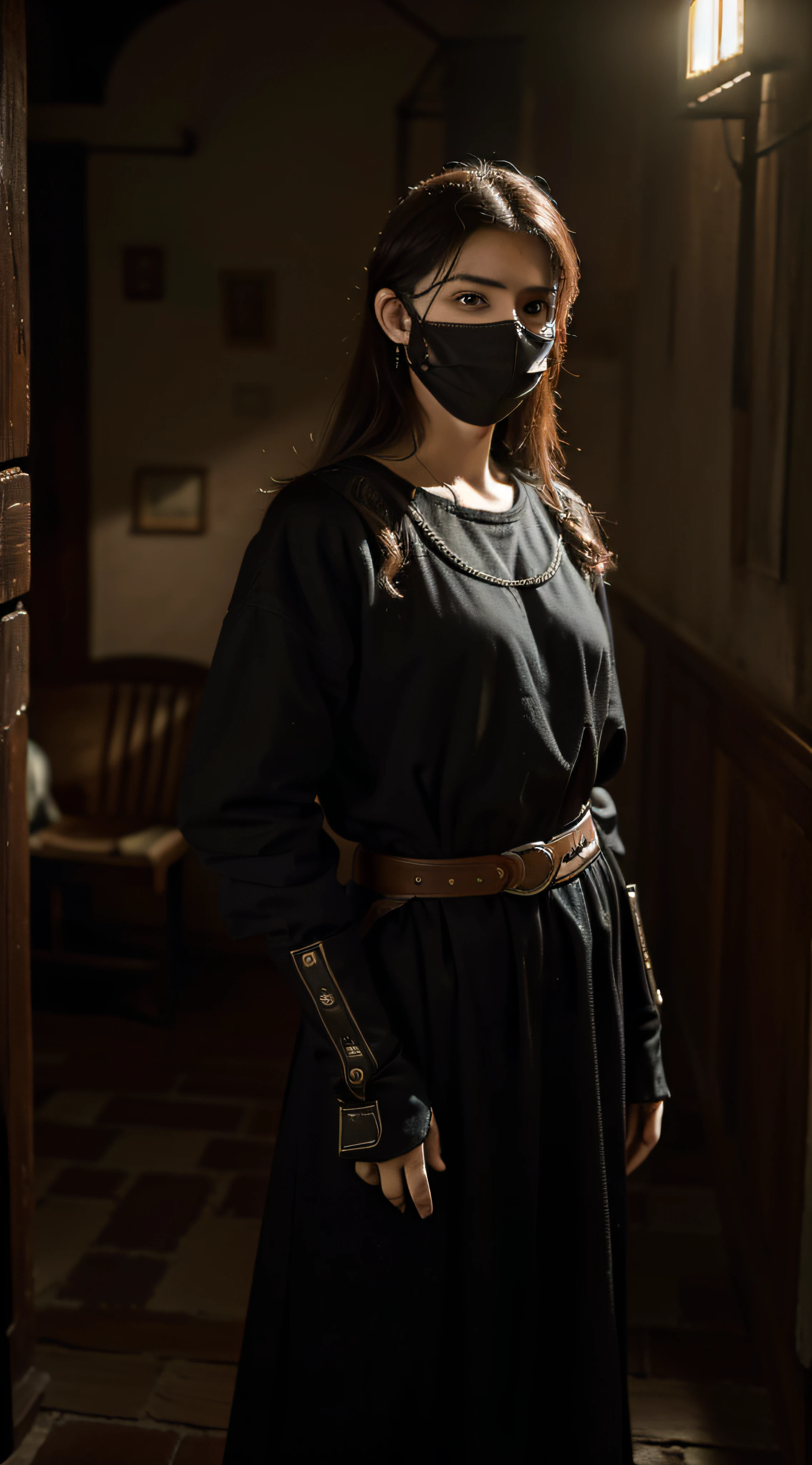 (extremadamente detallado, obra maestra, La mejor calidad, foto antigua, principios de siglo, epic scenery) soldado estilo ciberpunk, armadura robotica, mask, cables, tornillos, luces rojas, paisaje de ruinas. plano cercano. manchas. Caravaggio-style lighting. tenebrismo-