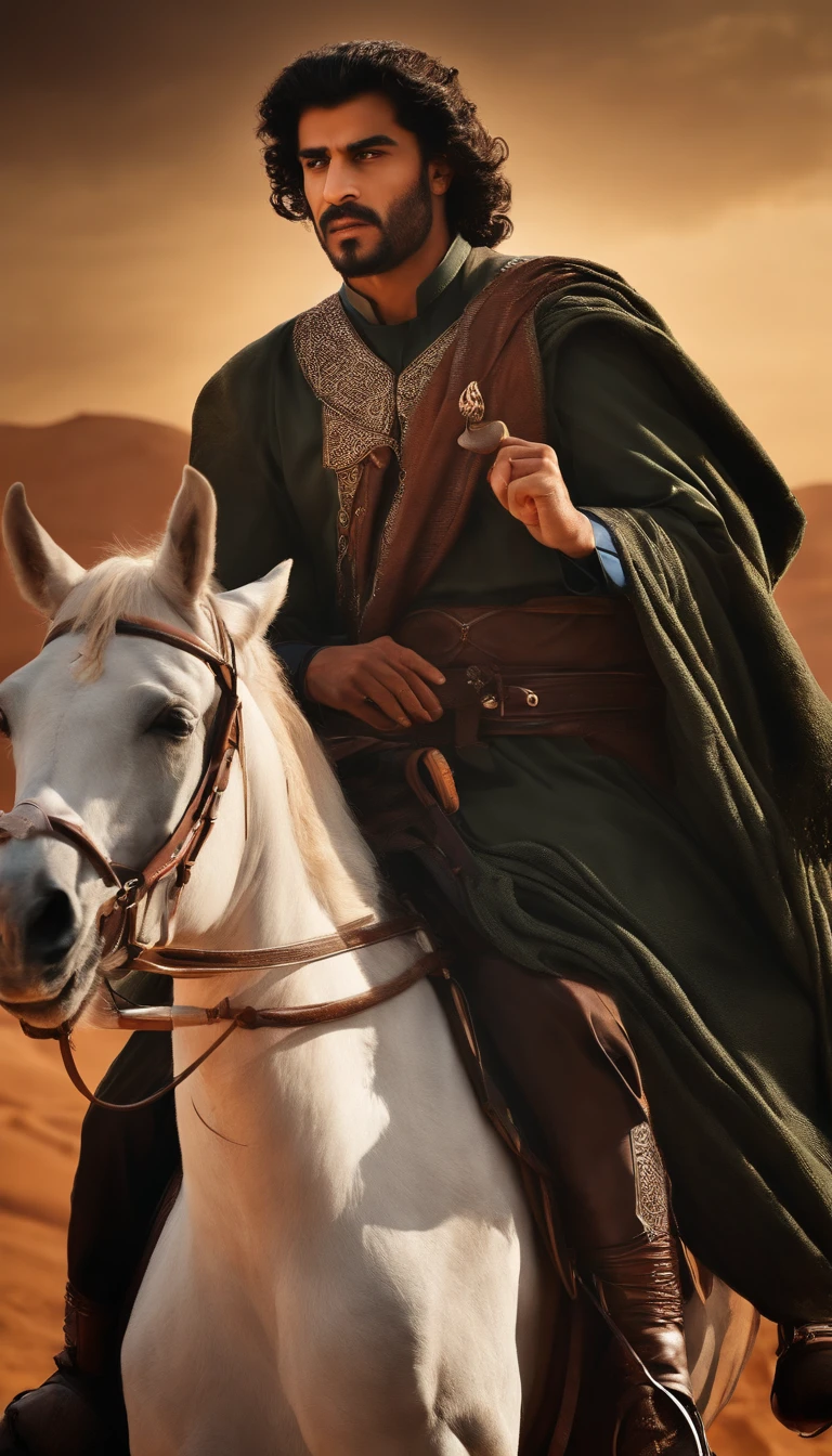 ramatic image of Khalid bin Waleed on horseback, sword raised,hyper realistic