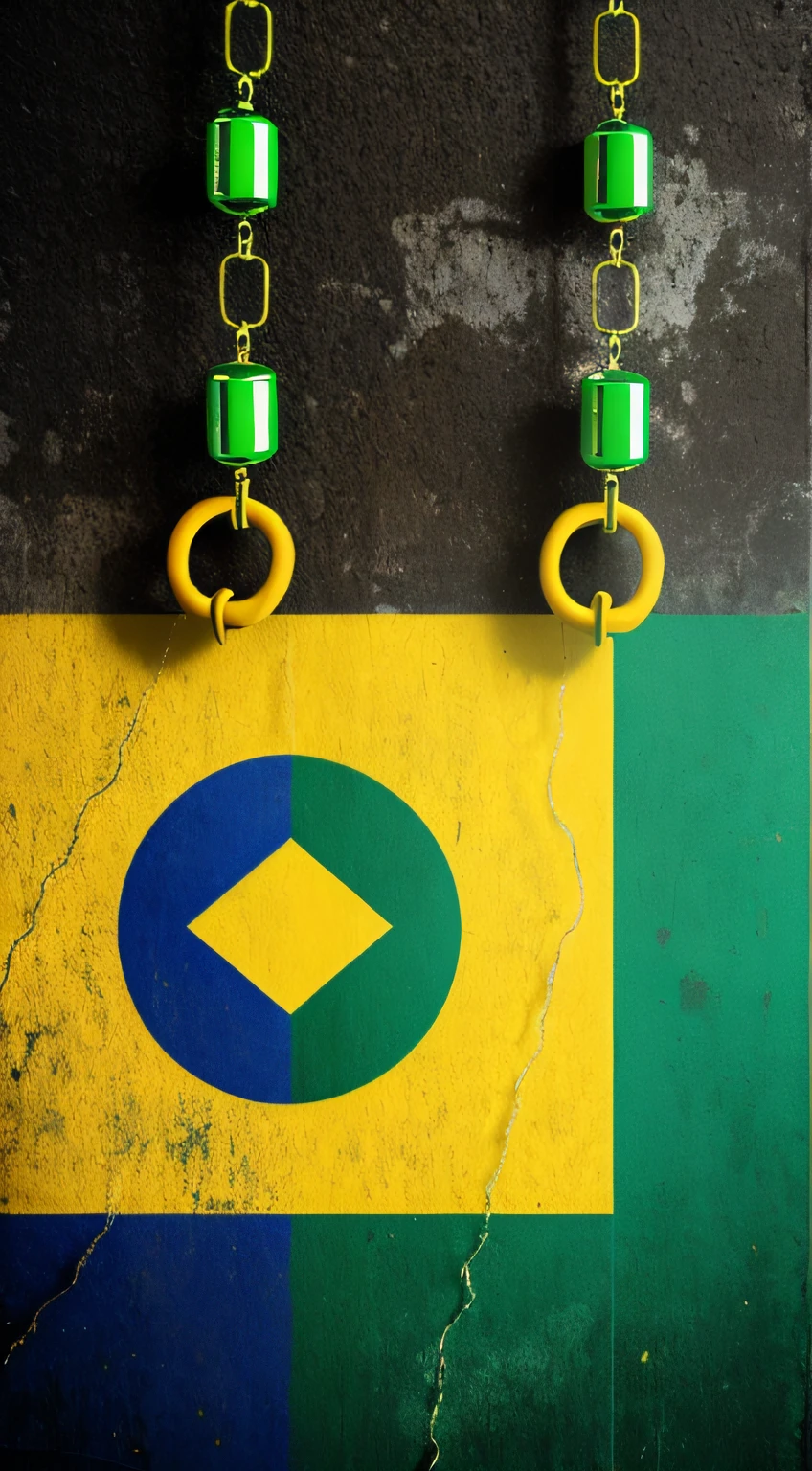 advertising art, instagram art, Cinema poster, Brazil's flag, chains being broken, Brazil's flag, focus on green and yellow complementary colors, Rio de janeiro