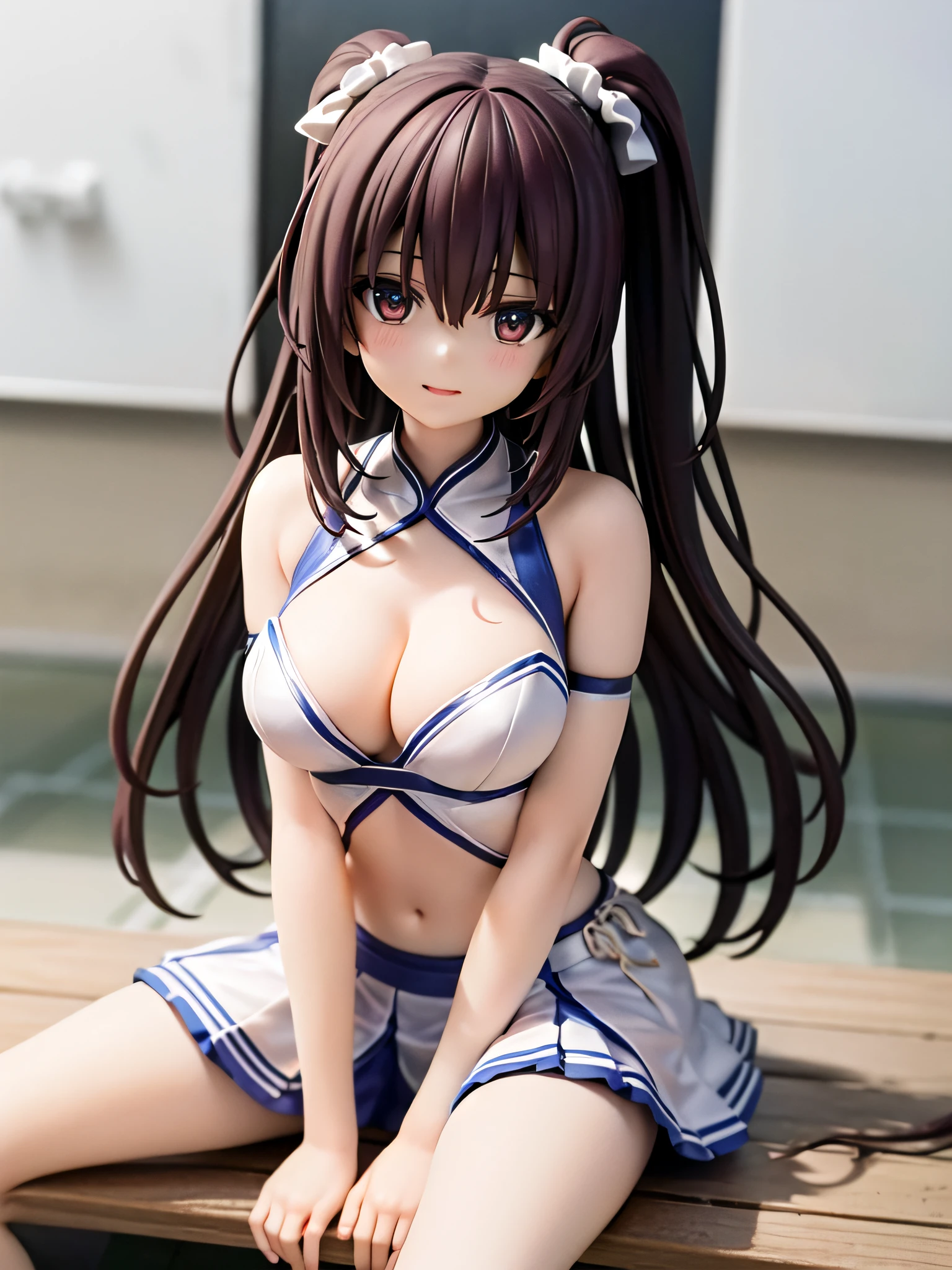 (Super lascivious cheerleader:1.3)、(stadio:1.0)、(tiny chest:1.1)、extremely delicate and beautiful,visual impact, grow,The ultra -The high-definition, Raw photography, top-quality, hight resolution, (masterpiece), (Photorealsitic:1.4), Anime Cosplay, foco nítido, nffsw,Unity 8k壁纸, intricate detailes, depth of fields,nffsw,amazing, contour deepening,front lit,(Oil Highlights:1.4), girl with, beautiful countenance、Very detailed background,ssmile、(A slender:1.5)、see -through、Holding a big cheerleading pom-pom in your hand、Cheerleading in petite costumes、support、sit on a bench