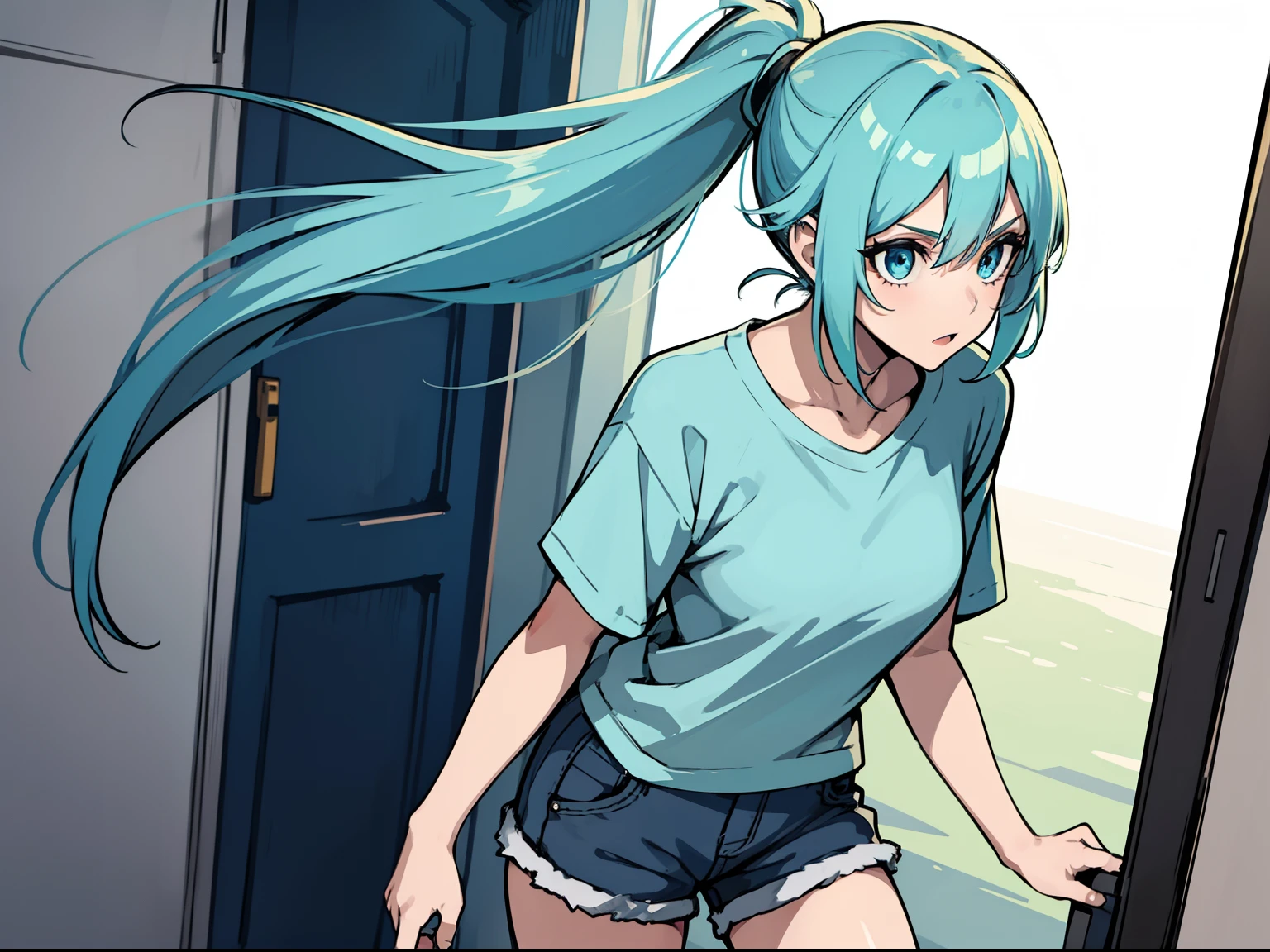 A girl with Aqua Blue Hair, Aqua blue eyes, Long Hair, Single Pony Tail, Wearing a Tshirt and Shorts