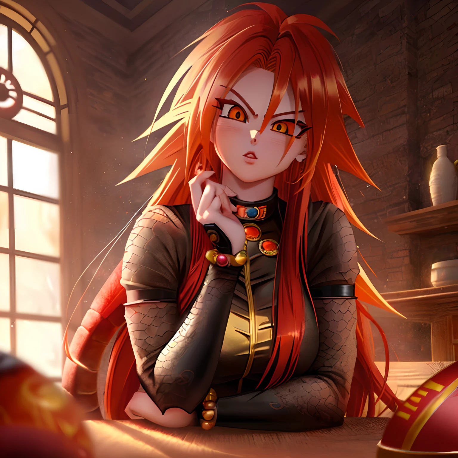 1girl, red hair, yellow eyes, longhair(Dragon Ball Z \(style\):1.2),(masterpiece:1.2), (best quality:1.2), Amazing, highly detailed, beautiful, finely detail, Depth of field, extremely detailed CG unity 8k wallpaper,