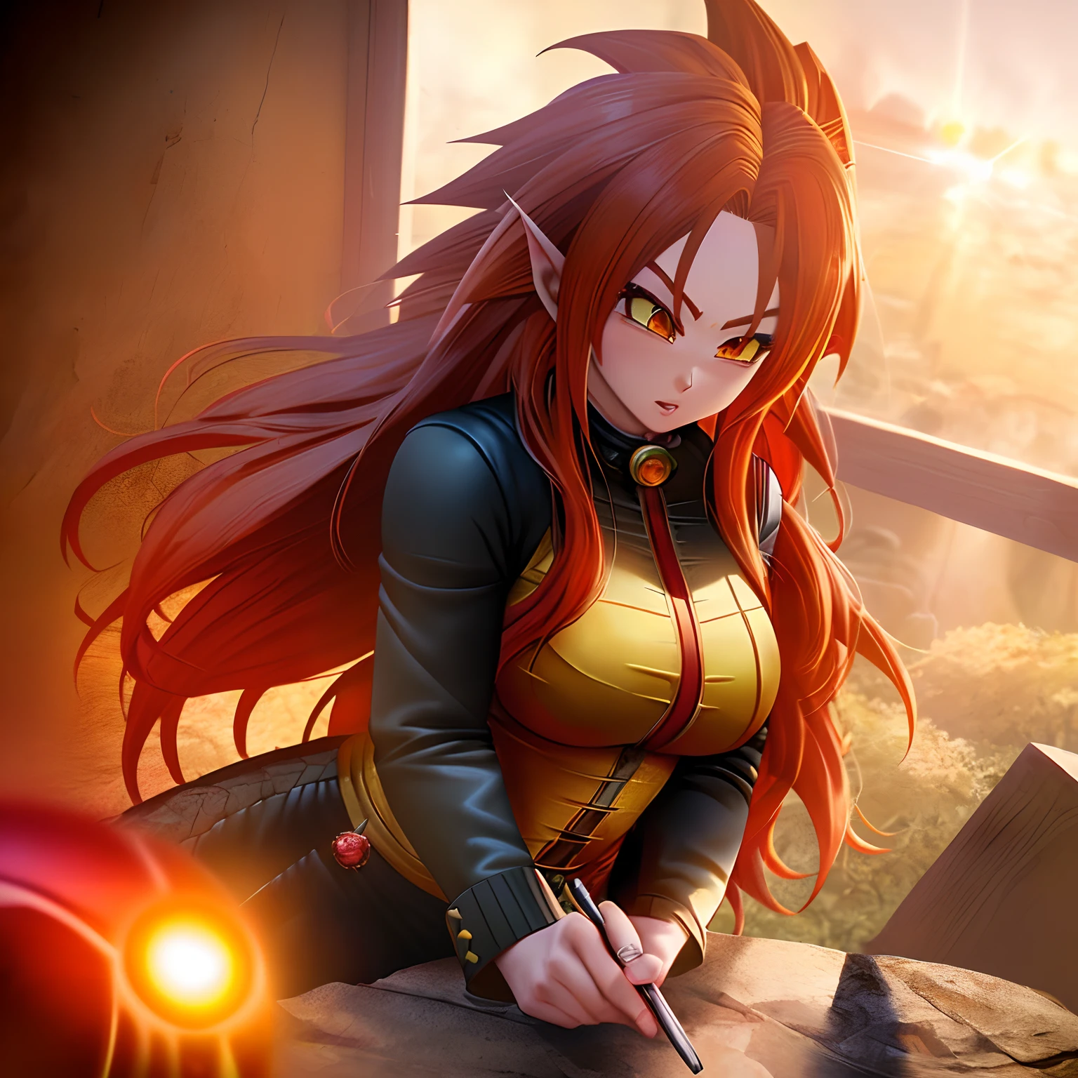 1girl, red hair, yellow eyes, longhair(Dragon Ball Z \(style\):1.2),(masterpiece:1.2), (best quality:1.2), Amazing, highly detailed, beautiful, finely detail, Depth of field, extremely detailed CG unity 8k wallpaper,