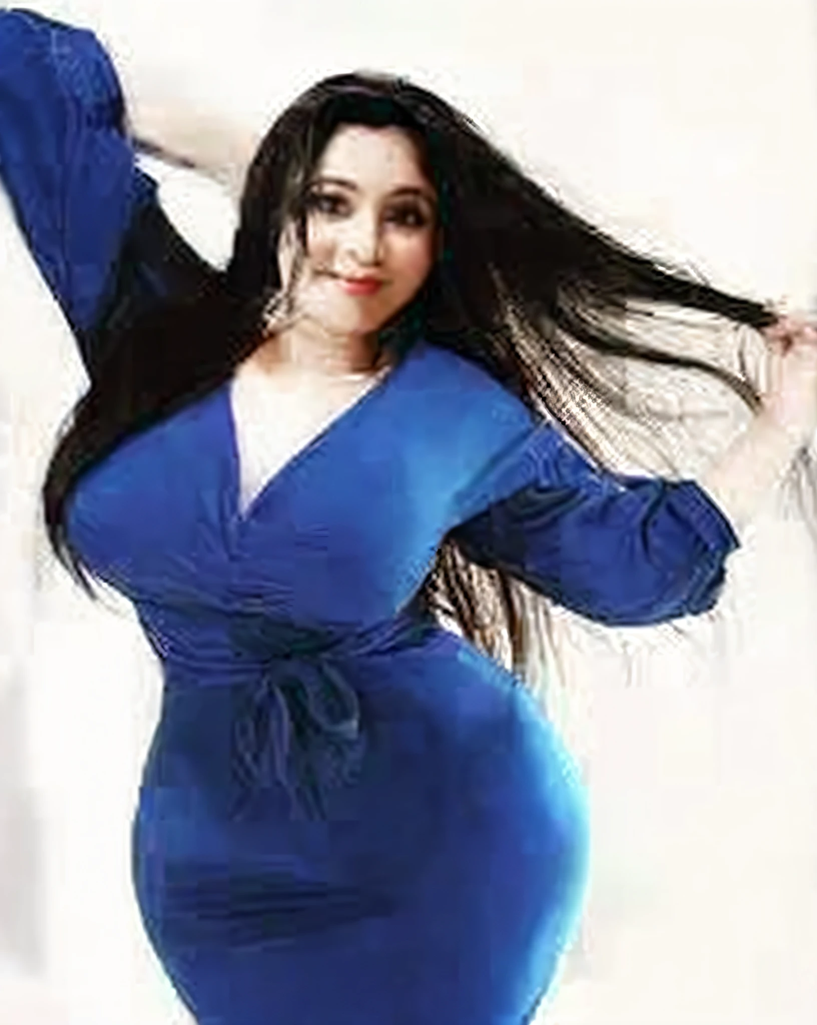 woman in blue dress posing for a picture with long hair, she has a jiggly fat round belly, large)}], actress, her belly is fat and round, thick body, skinny waist and thick hips, thicc, in blue dress, beautiful thick female, with large breasts, widest hips, in simple background, tummy, ad image