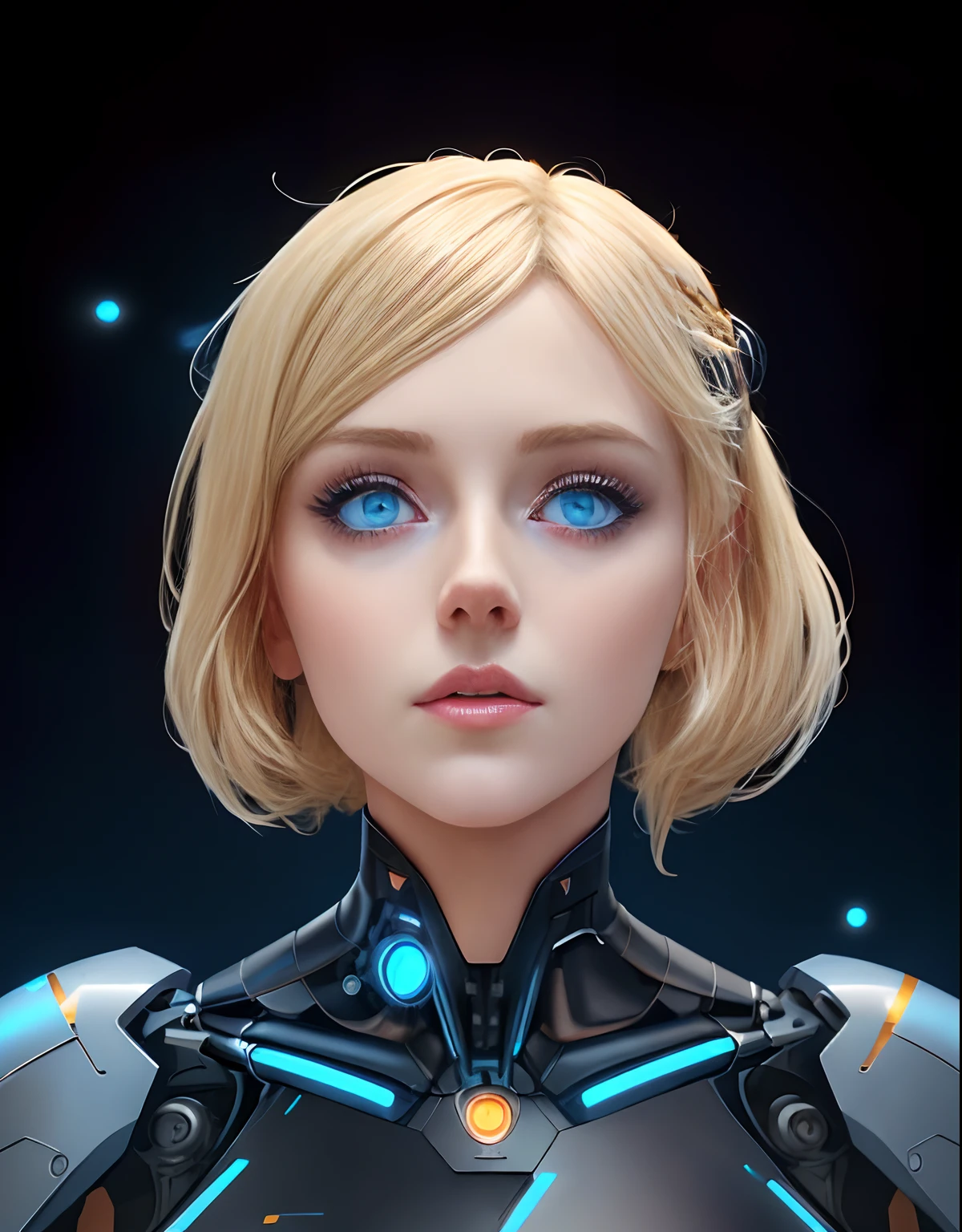 Blonde with blue eyes and blue eyeliner, Beautiful android woman, digital fantasy portrait, blonde hair and large eyes, stunning digital illustration, Beautiful android woman, Blue eyes and blonde hair, gorgeous digital painting, perfect android girl, realistic digital painting, blonde hair and blue eyes, Image of a beautiful cyborg, stylized beauty portrait, portrait beautiful sci - fi girl