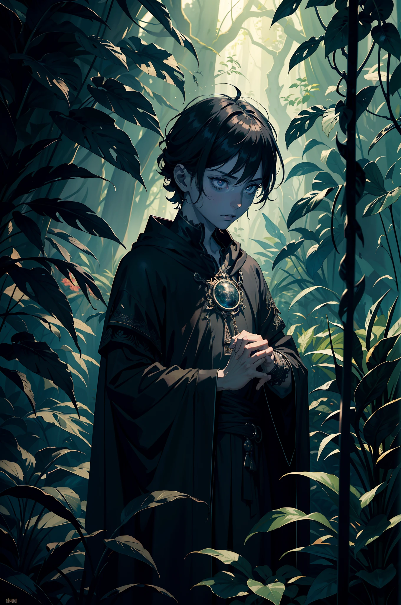 (brazilian,necromancer:1.1,boy,2girls) in a (lush,vibrant,tropical) garden,(dark magic,spooky atmosphere) creates a (sinister,mysterious) vibe. The boy has (intense,dark) eyes that seem to glow with (supernatural,powerful) energy. His beautiful detailed lips are slightly open, as if casting an enchantment. He wears a (stylish,black) robe adorned with (intricate,occult) symbols, reflecting his mastery of dark magic. The garden is filled with (exotic,unusual) plants and flowers, adding to the mystical ambiance. The (sunlight,moonlight) shines through the dense foliage, casting eerie shadows. The scene is bathed in (best quality,highres) colors, with a (mysterious,dramatic) color tone dominating the atmosphere. The (sharp focus,ultra-detailed) rendering captures every (creepy,fascinating) detail, from the boy's long eyelashes to the delicate veins on the leaves. The (horror,fantasy) art style adds a sense of (dread,excitement) and immerses the viewer in a world of magic and adventure.