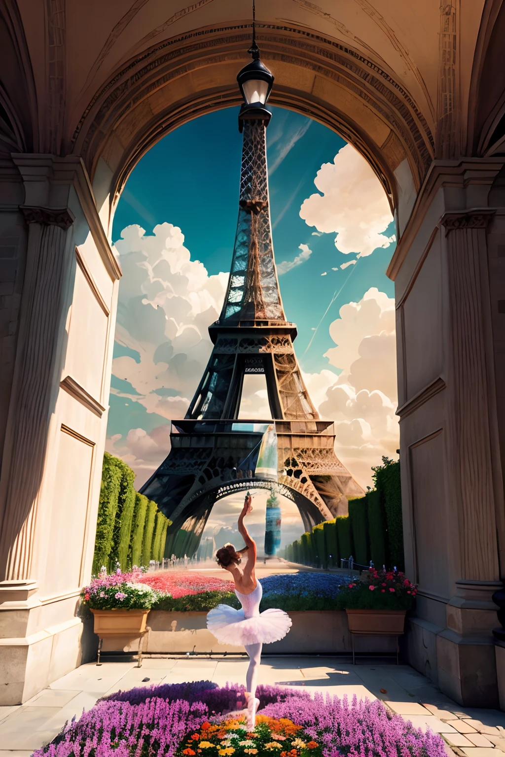 Realistic Eiffel tower with bigger in size in a flower field with colourful clouds, ballet group dance, street performers, win glass and bottle, croissant and colourful macarons, perfume Notre dame Church, mona lisa painting in museum