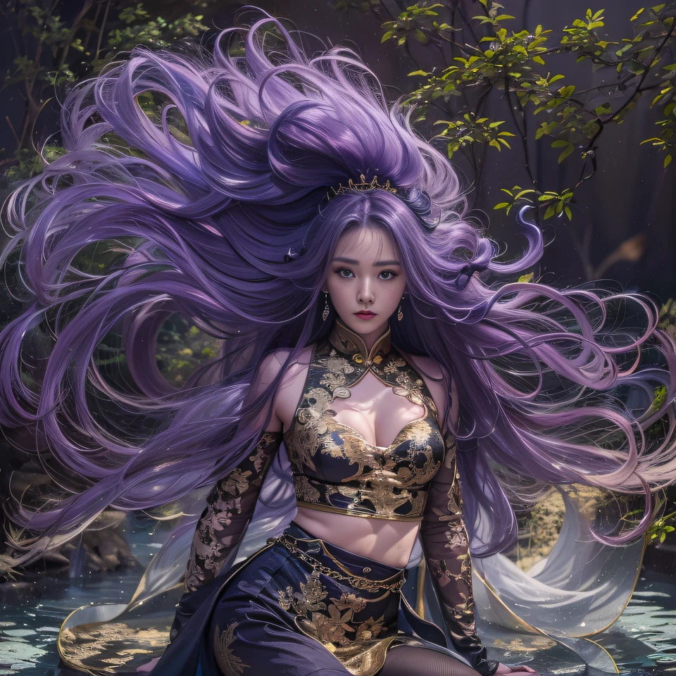 Cornmeal glass 32K(tmasterpiece,k hd,hyper HD,32K)Long flowing bright purple hair,Autumn Pond,zydink, a color, Asian people (Kizi), (Red scarf), Combat posture, looking at the ground, long whitr hair, Floating bright purple, Fire cloud pattern gold tiara, Chinese long-sleeved gold silk garment, (abstract ink splash:1.2), white backgrounid,Lotus protector(realisticlying:1.4),Bright purple hair,Smoke on the road,The background is pure, A high resolution, the detail, RAW photogr, Sharp Re, Nikon D850 Film Stock Photo by Jefferies Lee 4 Kodak Portra 400 Camera F1.6 shots, Rich colors, ultra-realistic vivid textures, Dramatic lighting, Unreal Engine Art Station Trend, cinestir 800,Long flowing bright purple hair