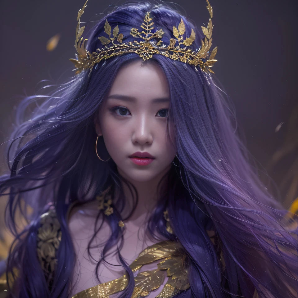 Corn flour glass 32K(tmasterpiece,k hd,hyper HD,32K)Long flowing bright purple hair,Autumn Pond,zydink, a color, Asian people (Kizi), (Red scarf), Combat posture, looking at the ground, long whitr hair, Floating bright purple, Fire cloud pattern gold tiara, Chinese long-sleeved gold silk garment, (abstract ink splash:1.2), white backgrounid,Lotus protector(realisticlying:1.4),Bright purple hair,Smoke on the road,The background is pure, A high resolution, the detail, RAW photogr, Sharp Re, Nikon D850 Film Stock Photo by Jefferies Lee 4 Kodak Portra 400 Camera F1.6 shots, Rich colors, ultra-realistic vivid textures, Dramatic lighting, Unreal Engine Art Station Trend, cinestir 800,Long flowing bright purple hair