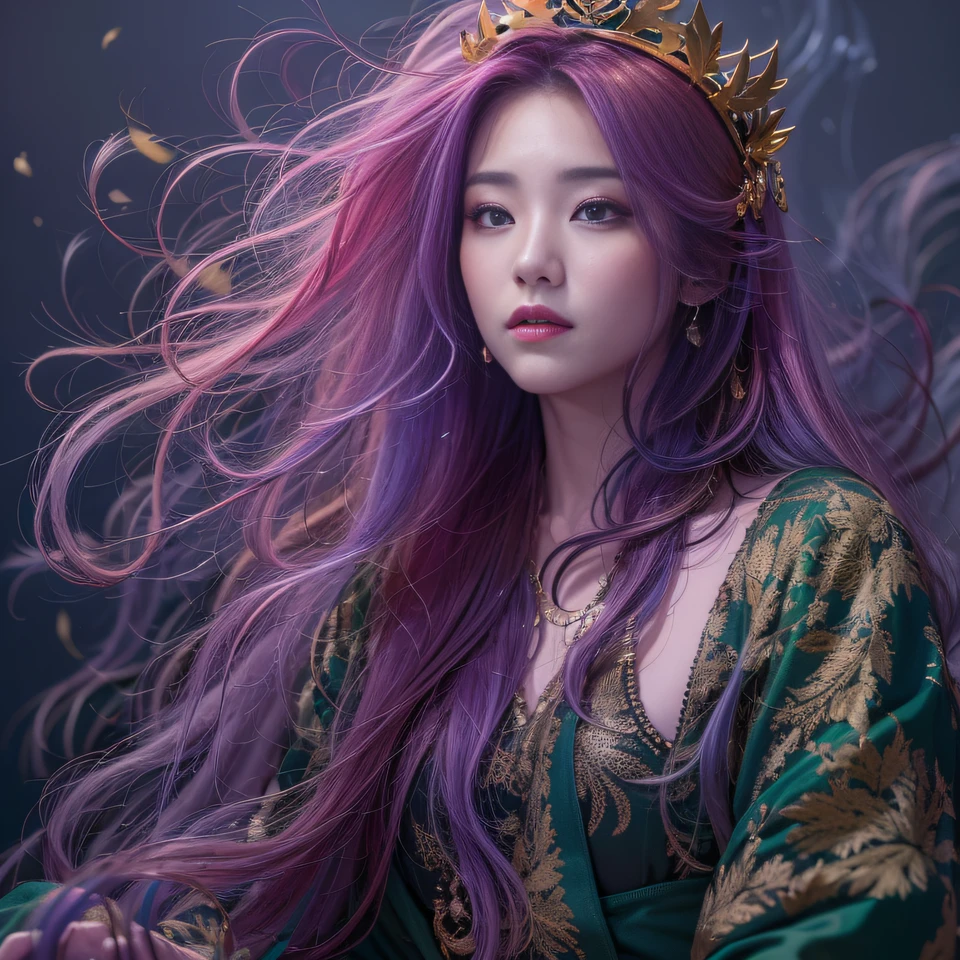 Corn flour glass 32K(tmasterpiece,k hd,hyper HD,32K)Long flowing bright purple hair,Autumn Pond,zydink, a color, Asian people (Kizi), (Red scarf), Combat posture, looking at the ground, long whitr hair, Floating bright purple, Fire cloud pattern gold tiara, Chinese long-sleeved gold silk garment, (abstract ink splash:1.2), white backgrounid,Lotus protector(realisticlying:1.4),Bright purple hair,Smoke on the road,The background is pure, A high resolution, the detail, RAW photogr, Sharp Re, Nikon D850 Film Stock Photo by Jefferies Lee 4 Kodak Portra 400 Camera F1.6 shots, Rich colors, ultra-realistic vivid textures, Dramatic lighting, Unreal Engine Art Station Trend, cinestir 800,Long flowing bright purple hair