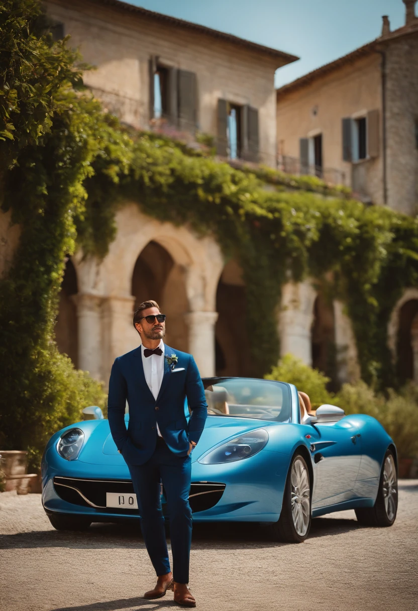 a rich man with a beautiful background in Italy, Cavallino, (best quality, highres, masterpiece:1.2), detailed and realistic portrayal, vibrant colors, Mediterranean lighting, oil painting, charming Italian villa, scenic Tuscan countryside, lush green vineyards, azure blue sea, elegant suits, stylish sunglasses, luxurious mansion, swimming pool, yacht, Italian sports car, relaxed and confident posture, confident smile, summer atmosphere.