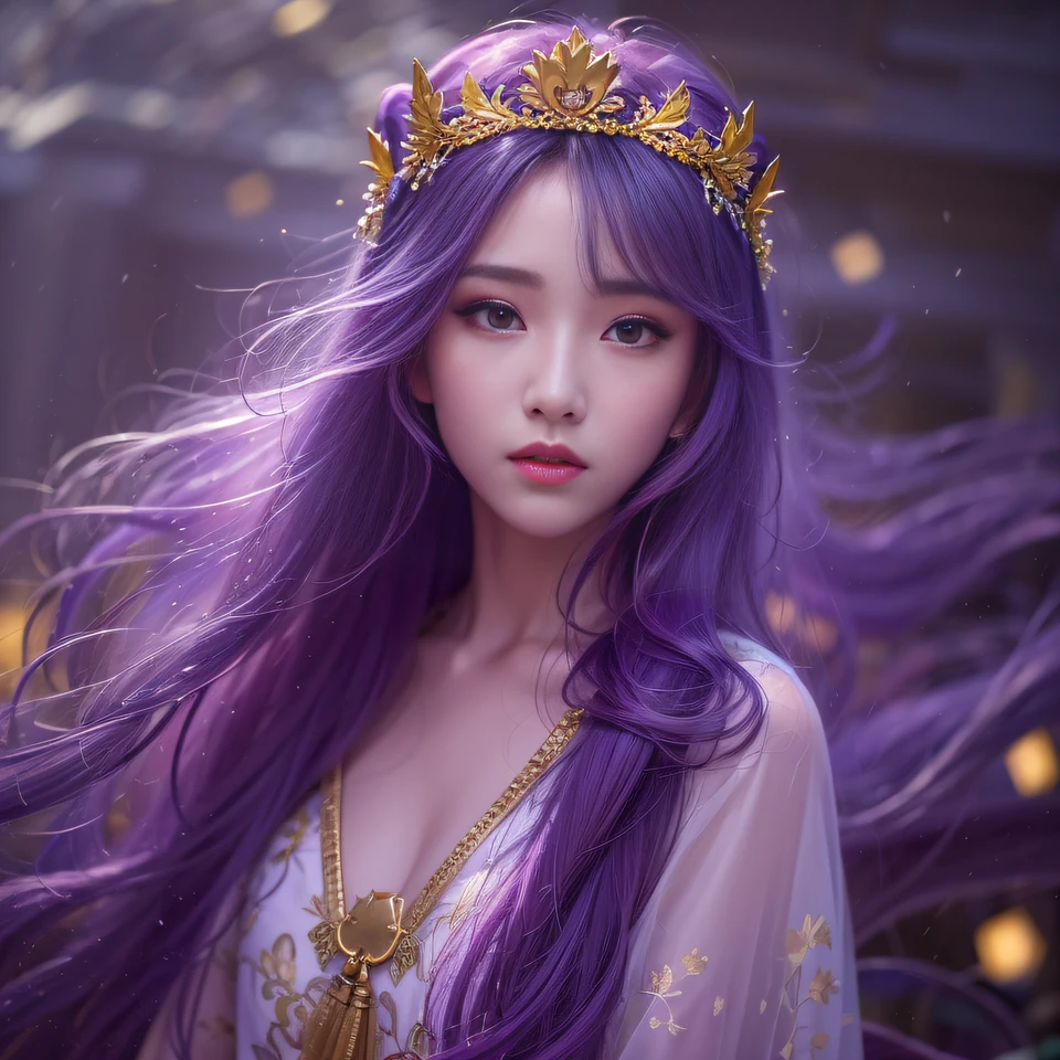 Corn flour glass 32K(tmasterpiece,k hd,hyper HD,32K)Long flowing bright purple hair,Autumn Pond,zydink, a color, Asian people (Kizi), (Red scarf), Combat posture, looking at the ground, long whitr hair, Floating bright purple, Fire cloud pattern gold tiara, Chinese long-sleeved gold silk garment, (abstract ink splash:1.2), white backgrounid,Lotus protector(realisticlying:1.4),Bright purple hair,Smoke on the road,The background is pure, A high resolution, the detail, RAW photogr, Sharp Re, Nikon D850 Film Stock Photo by Jefferies Lee 4 Kodak Portra 400 Camera F1.6 shots, Rich colors, ultra-realistic vivid textures, Dramatic lighting, Unreal Engine Art Station Trend, cinestir 800,Long flowing bright purple hair