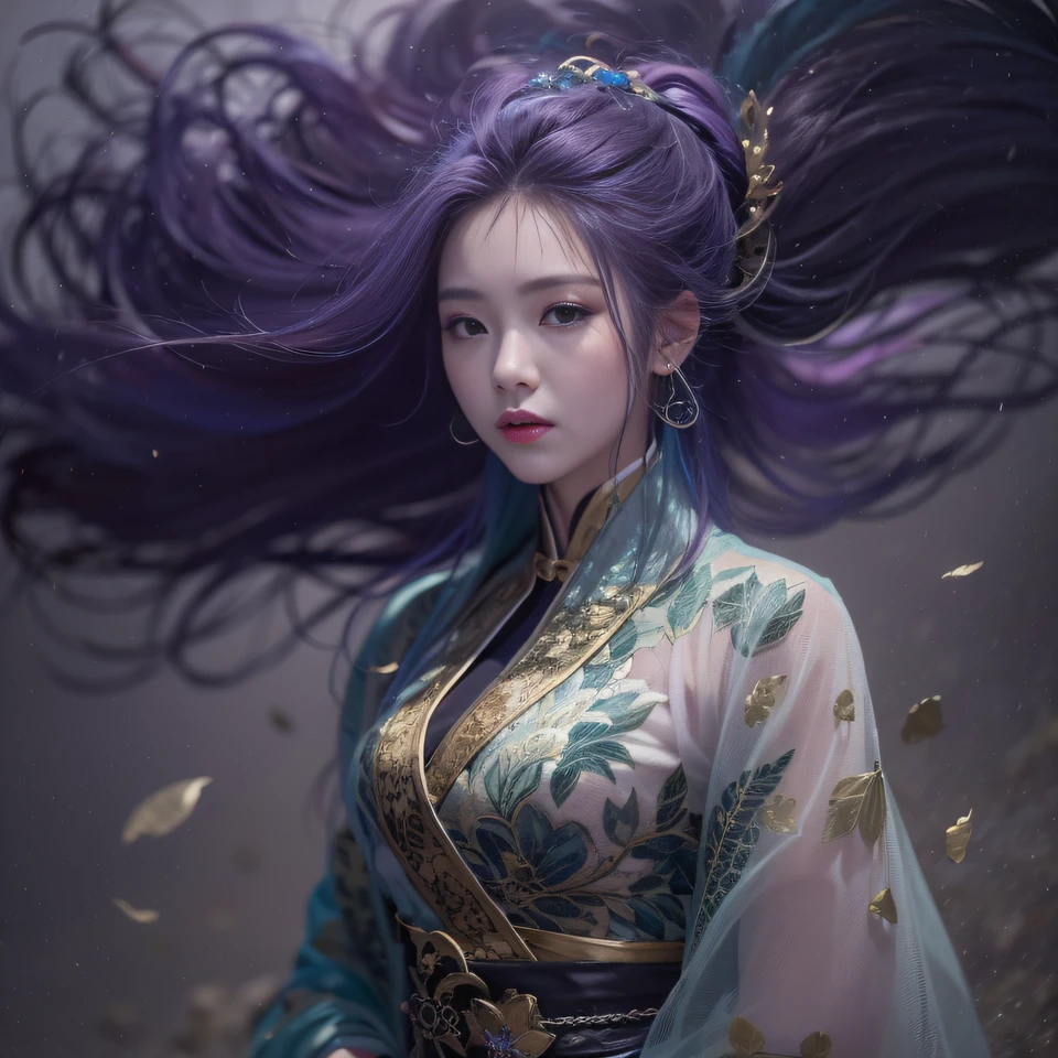 Cornmeal glass 32K（tmasterpiece，k hd，hyper HD，32K）Long flowing bright purple hair，Autumn Pond，zydink， a color， Asian people （Kizi）， （Red scarf）， Combat posture， looking at the ground， long whitr hair， Floating bright purple， Fire cloud pattern gold tiara， Chinese long-sleeved gold silk garment， （abstract ink splash：1.2）， white backgrounid，Lotus protector（realisticlying：1.4），Bright purple hair，Smoke on the road，The background is pure， A high resolution， the detail， RAW photogr， Sharp Re， Nikon D850 Film Stock Photo by Jefferies Lee 4 Kodak Portra 400 Camera F1.6 shots, Rich colors, ultra-realistic vivid textures, Dramatic lighting, Unreal Engine Art Station Trend, cinestir 800，Long flowing bright purple hair