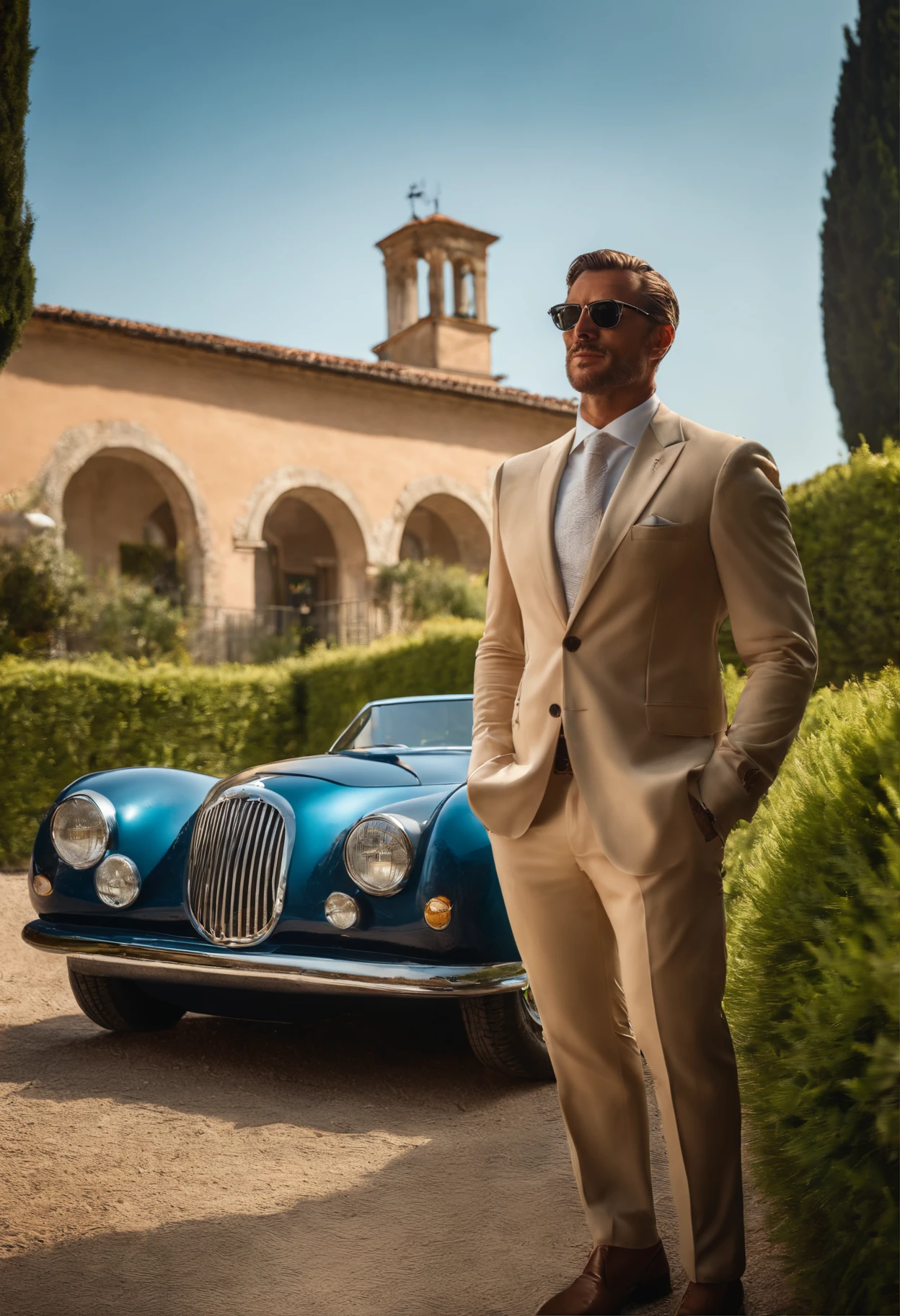 a rich man with a beautiful background in Italy, Cavallino, (best quality, highres, masterpiece:1.2), detailed and realistic portrayal, vibrant colors, Mediterranean lighting, oil painting, charming Italian villa, scenic Tuscan countryside, lush green vineyards, azure blue sea, elegant suits, stylish sunglasses, luxurious mansion, swimming pool, yacht, Italian sports car, relaxed and confident posture, confident smile, summer atmosphere.