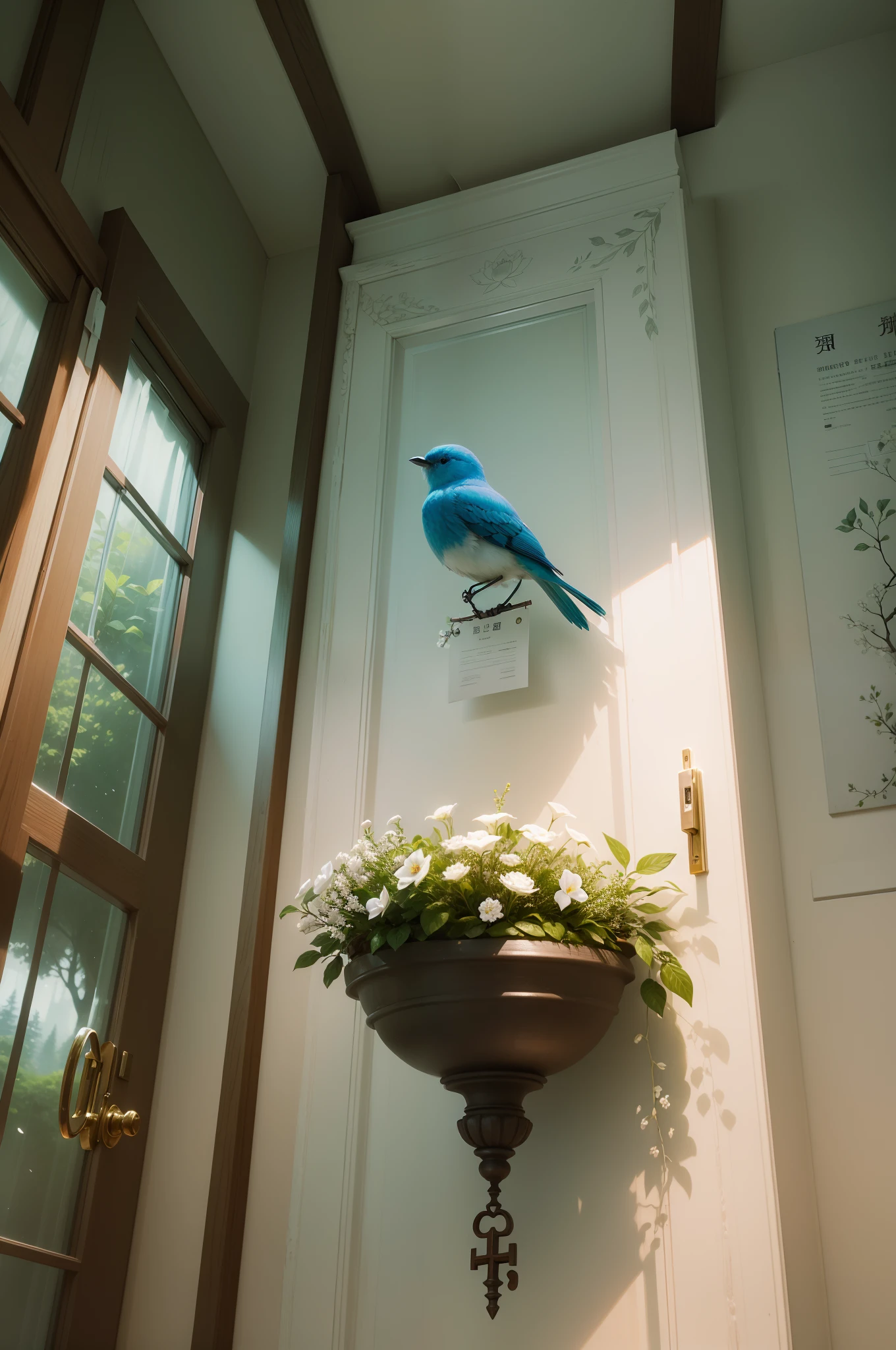 Refreshing forest、White is the key.、Fruit tree、Sparkling air、Lots of flowers、Little blue bird is flying、