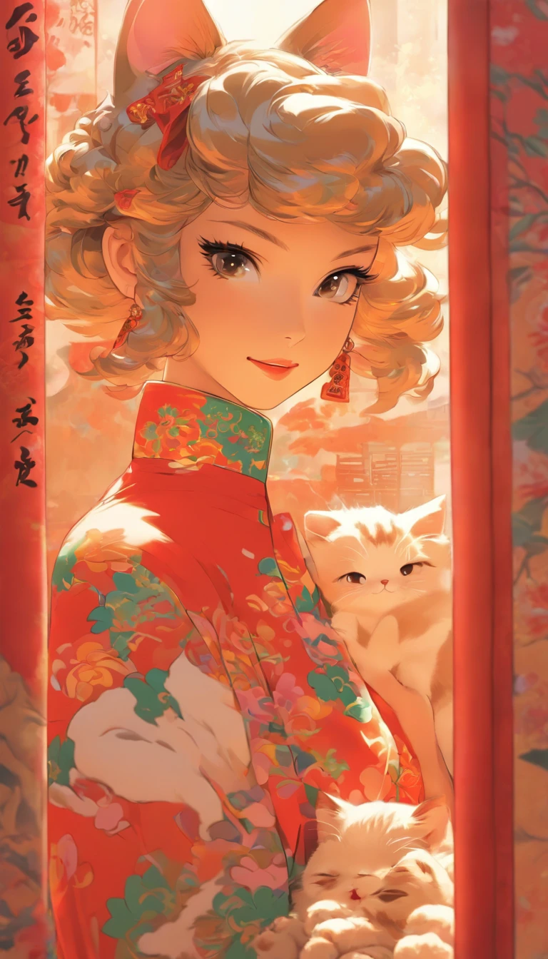 comic strip,on cheongsam,Lady,Cat cat,Kizi