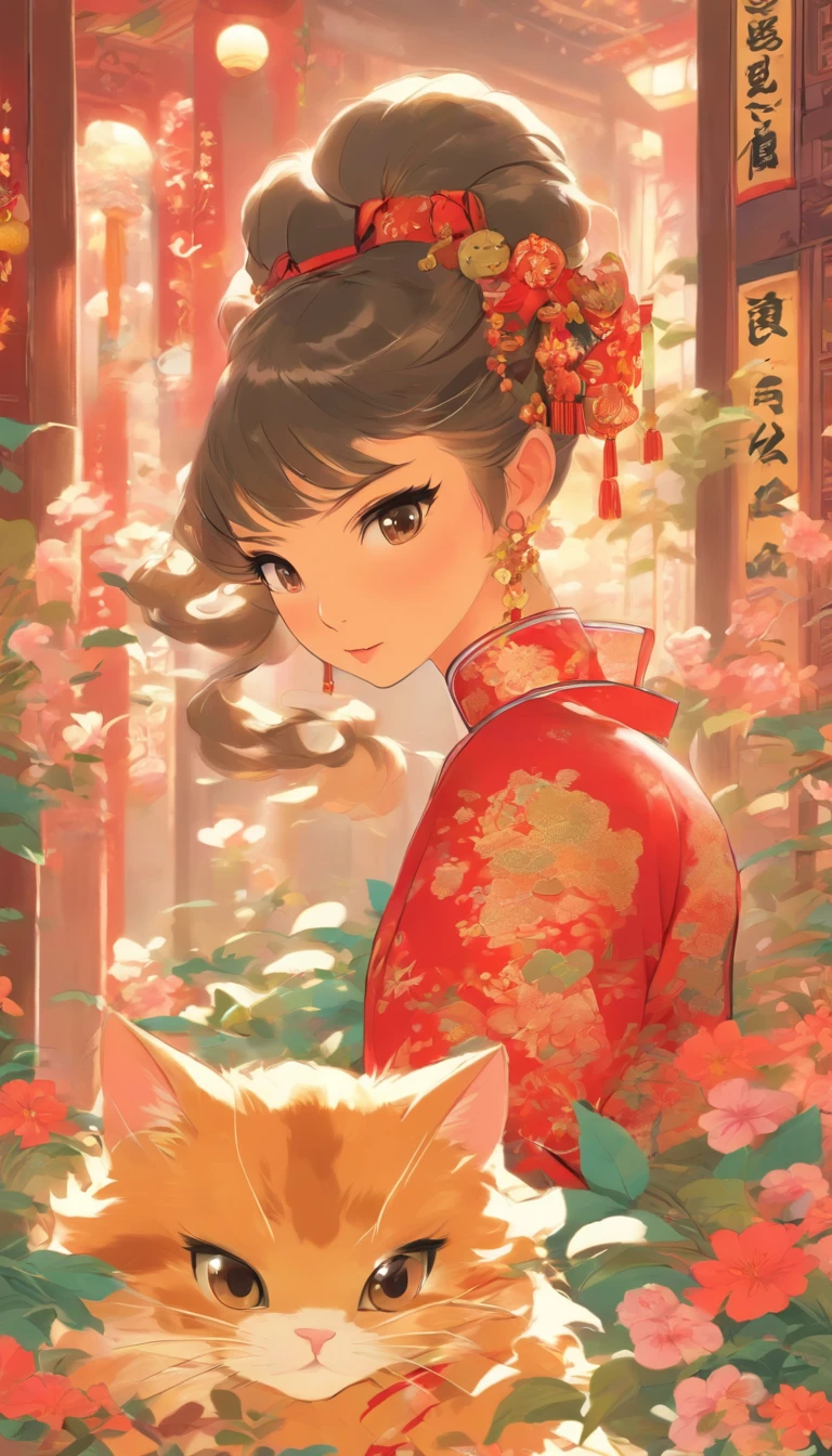 comic strip,on cheongsam,Lady,Cat cat,Kizi