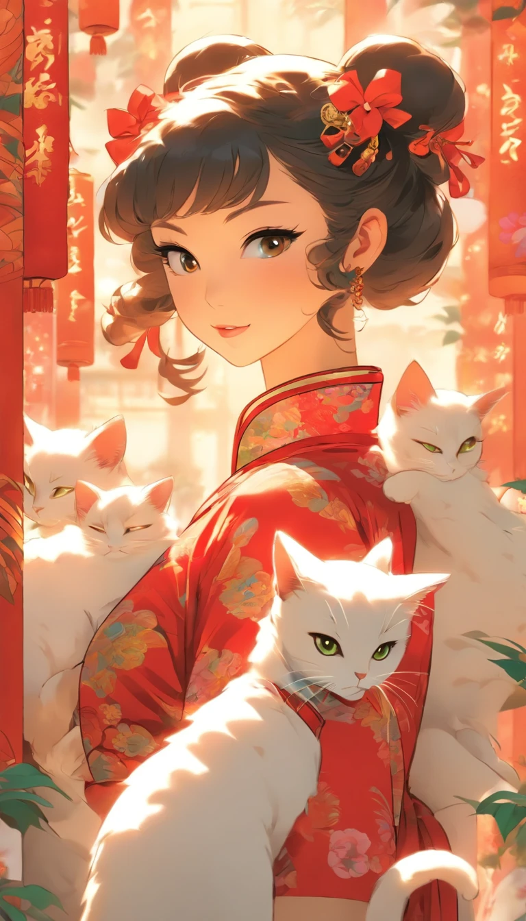 comic strip,on cheongsam,Lady,Cat cat,Kizi