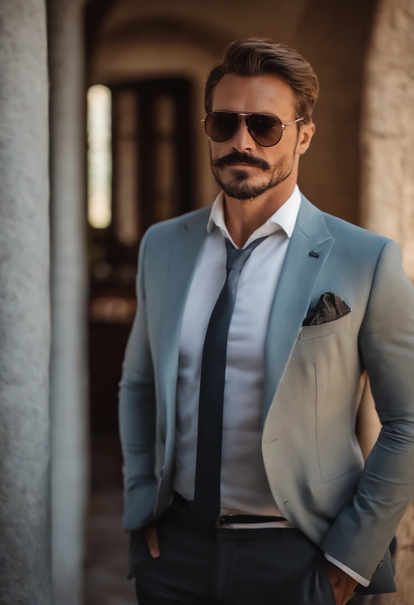 a rich man with a beautiful background in Italy, boxerschnitt, light moustache with transition to goatee with 4mm length (best quality, hight resolution, Meisterwerk:1.2), Detaillierte und realistische Darstellung, Lebendige Farben, Mediterrane Beleuchtung, Oil painting, charmante italienische Villa, malerische Landschaft der Toskana, Lush green vineyards, Azurblaues Meer, Elegant suits, Stylische Sonnenbrille, Luxurious mansion, Schwimmbad, Jacht, Italienischer Sportwagen, Entspannte und selbstbewusste Haltung, confident smile, Summer atmosphere.