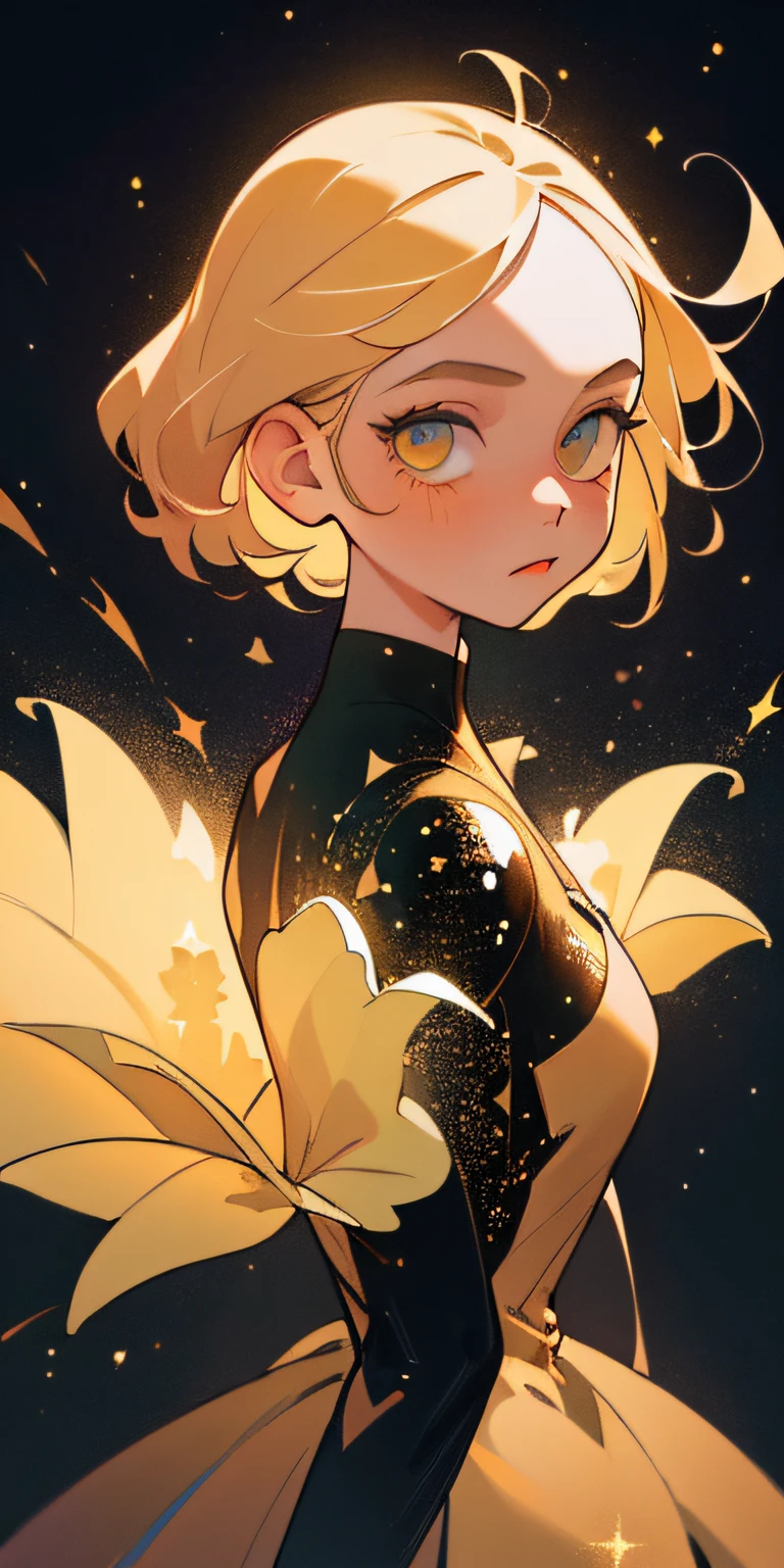 (best quality, masterpiece), 1girl, galaxy, glitter, dress, particle, wind, flower, upper body, dark simple background, looking at viewer, blonde,
