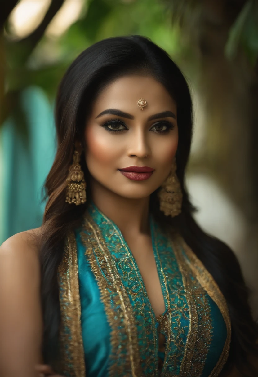 winner of Miss universe bangladesh the most beautiful woman, cute eyes, red and green dress, dynamic lighting, hype detailed, intricately detailed