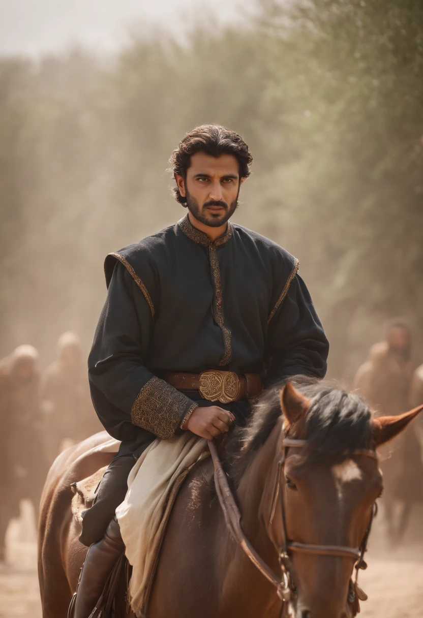 ramatic image of Khalid bin Waleed on horseback, sword raised