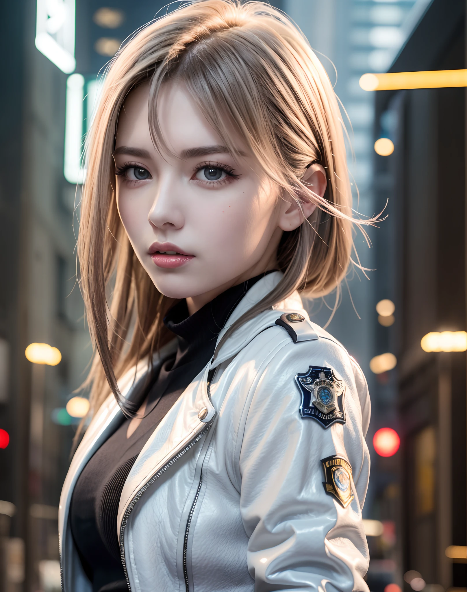 Portrait of Embhuhaiz, Beautiful face, in cyberpunk city at night. She wears a white leather open jacket,lingerie, Dramatic Lighting, (police badge:1.2).Sexy female policeman