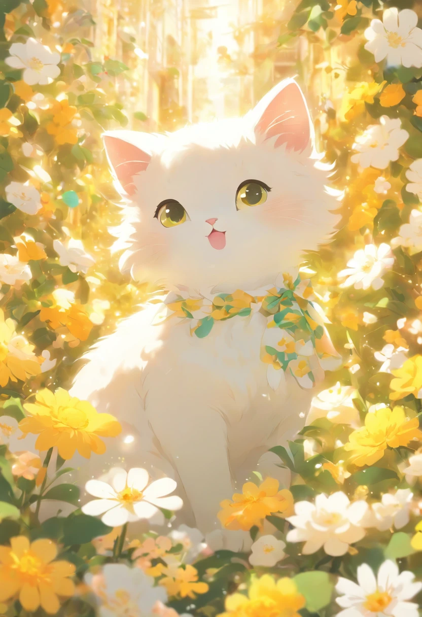 a white cute cat surrounded by flowers and wearing a yellow dress